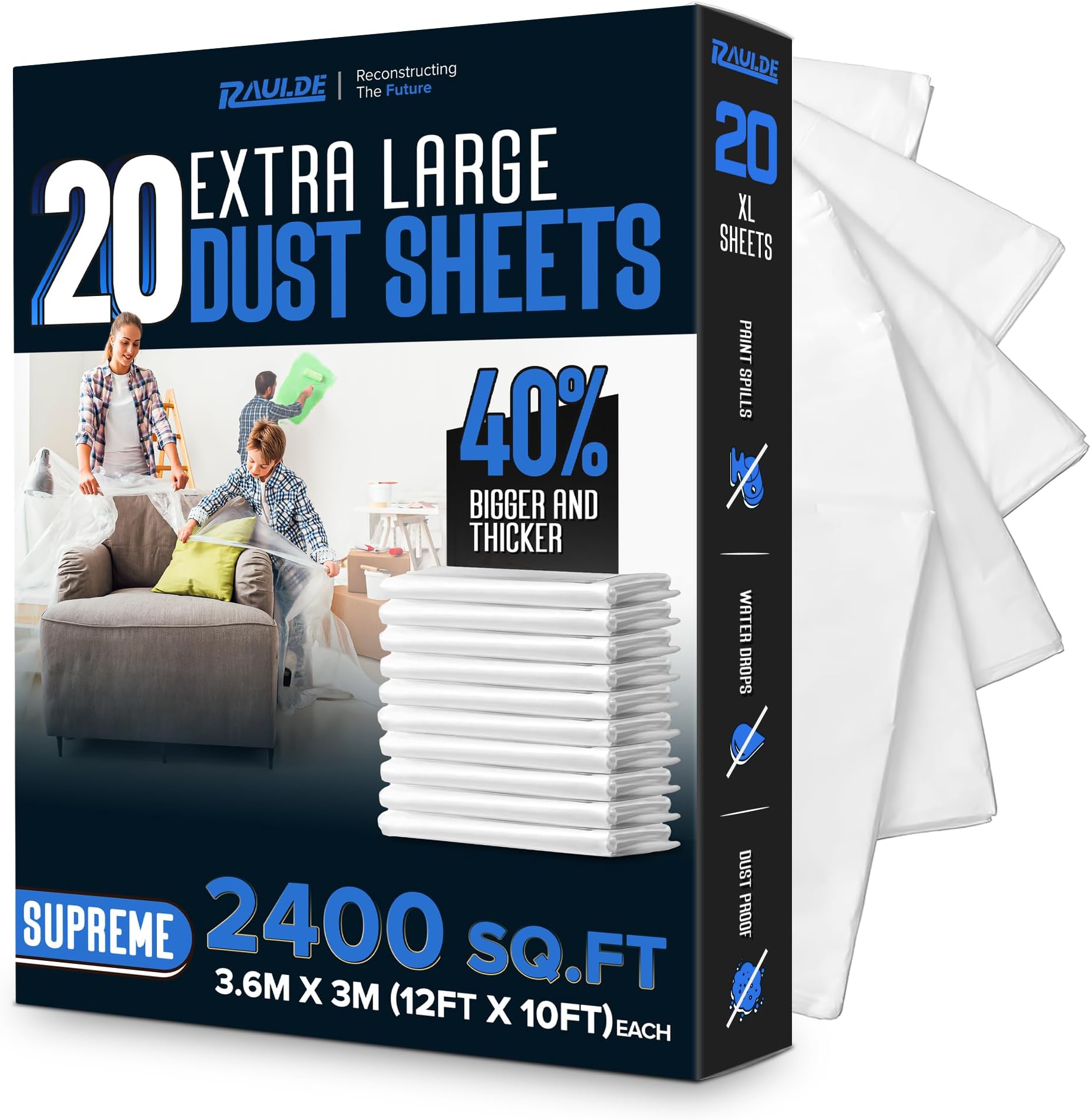 12x10FT 20 Pack Extra Large Plastic Dust Sheets for Decorating - 3.6M x 3M- Plastic Dust Sheets for Painting - Clear Plastic Sheet for Furniture & Floor - Polythene Sheeting - Decorating Sheet -RAULDE