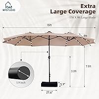 Vista 7 de MFSTUDIO 15ft Double Sided Patio Umbrella with Solar Lights, Outdoor Large Umbrellas with Crank Handle and 36 LED Lights, Rectangular Market Beige