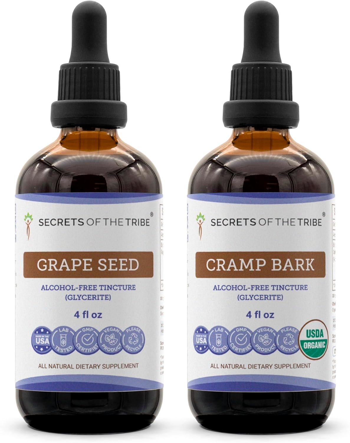 Secrets of the Tribe Grape Seed and Cramp Bark Liquid Extract (2 pcs.) | Alcohol-Free Tinctures | Grape (Vitis vinifera) Dried Seed and Cramp (Viburnum opulus) Dried Bark (2x4 fl oz)