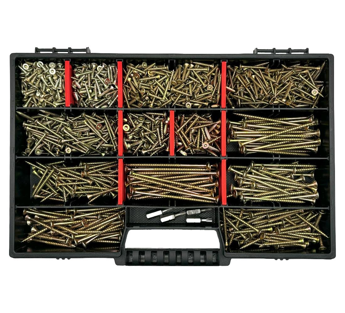 FRACKMANN Schraubenset 1000 Teile – Holzschrauben & Spanplattenschrauben 3x12 bis 4,5x80 – inkl. 4 TX Bits & Sortimentskoffer – Profiqualität Made in Germany
