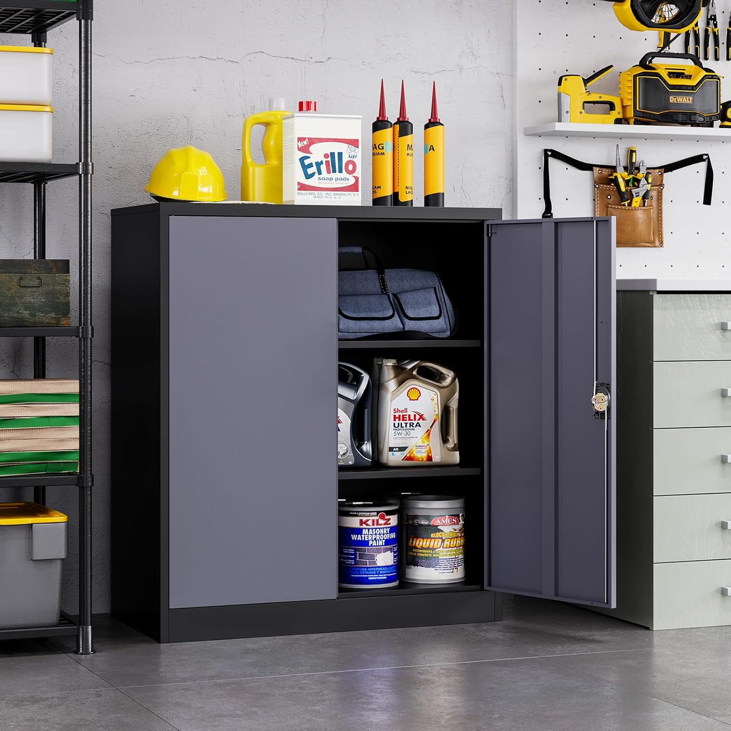 MIIIKO Lockable Storage Cabinet, Small Metal Garage Cabinet with Doors and Shelves, 35.4" Height Base Locker Cabinets 2 Doors