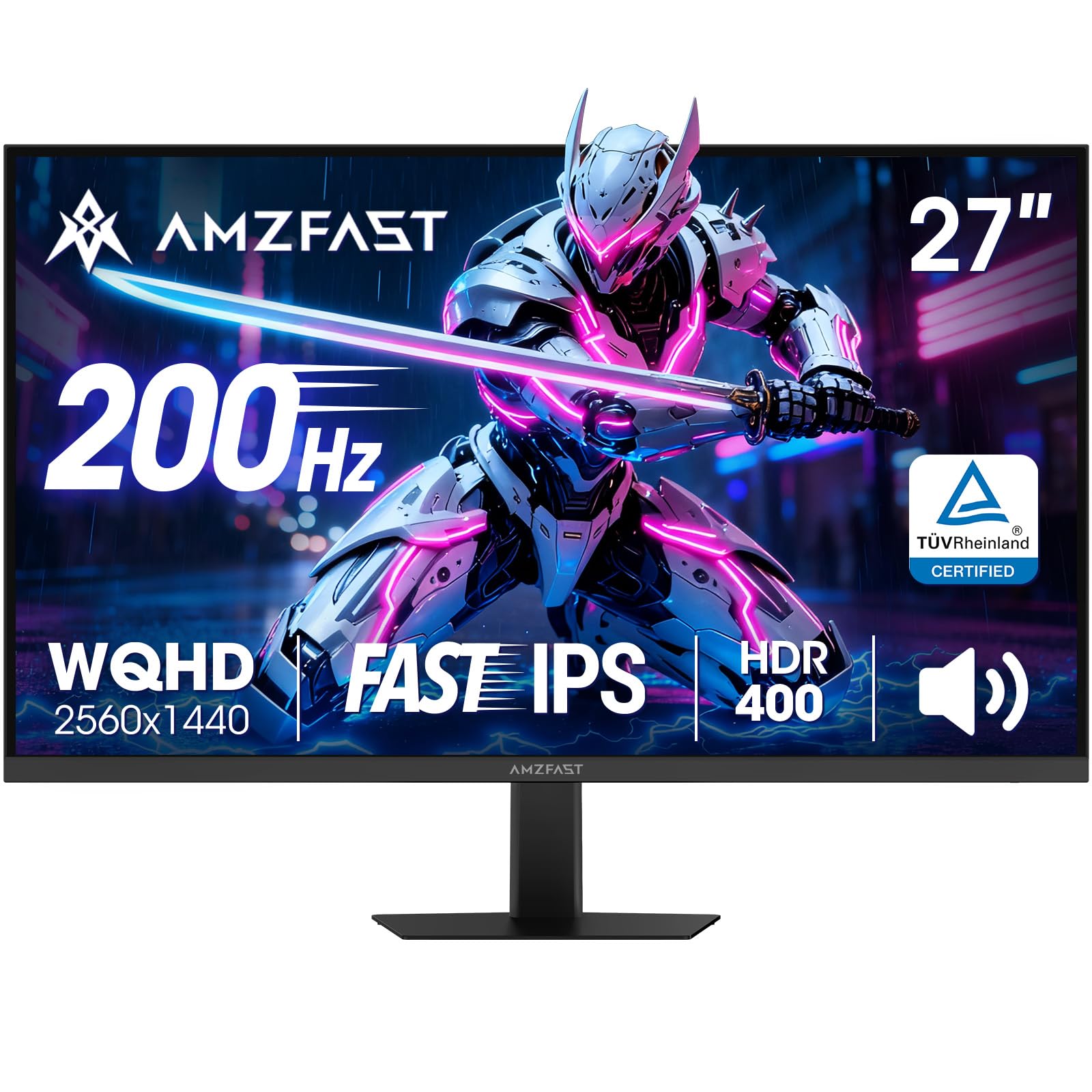 Amzfast 27 Zoll Gaming Monitor, WQHD 2560x1440, 200Hz, Fast IPS Panel, 1ms MPRT, Adaptive Sync, Integrierte Lautsprecher, 132% sRGB, HDR 400, VESA 100x100, HDMI 2.0x2 & DP 1.4x2 – AMZG27F5Q