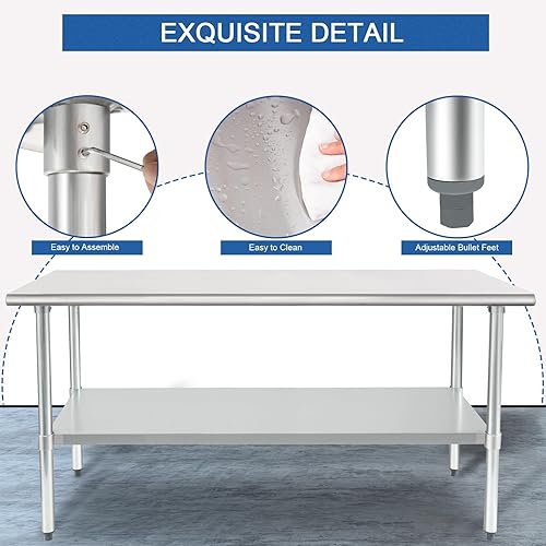 Miniatura 3 de HARDURA Mesa de acero inoxidable de 30 x 72 pulgadas con estante inferior y patas galvanizadas, mesa de metal comercial resistente NSF para