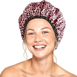 Shower Cap for Women in Pink Color With Leopard Print - Large Opening for Short and Long Hair - Reusable Bath Hair Cap for...