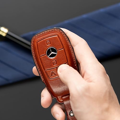 Miniatura 3 de Smyfob Funda de cuero para llavero de automóvil, color marrón, compatible con Mercedes Benz, Marrón