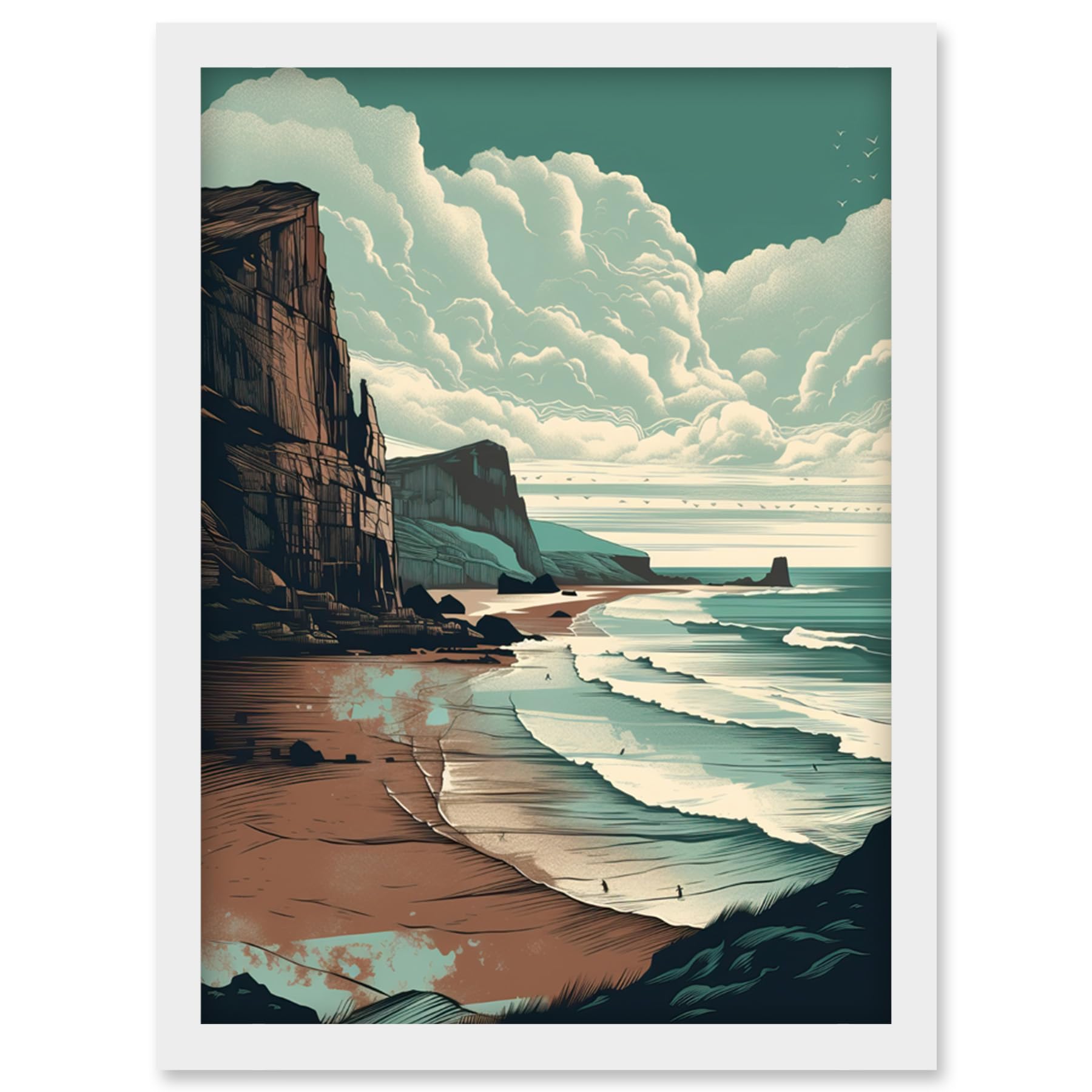 Artery8 Bay with Cliffs Dramatic Coastal Landscape Artwork Framed Wall Art Print A4