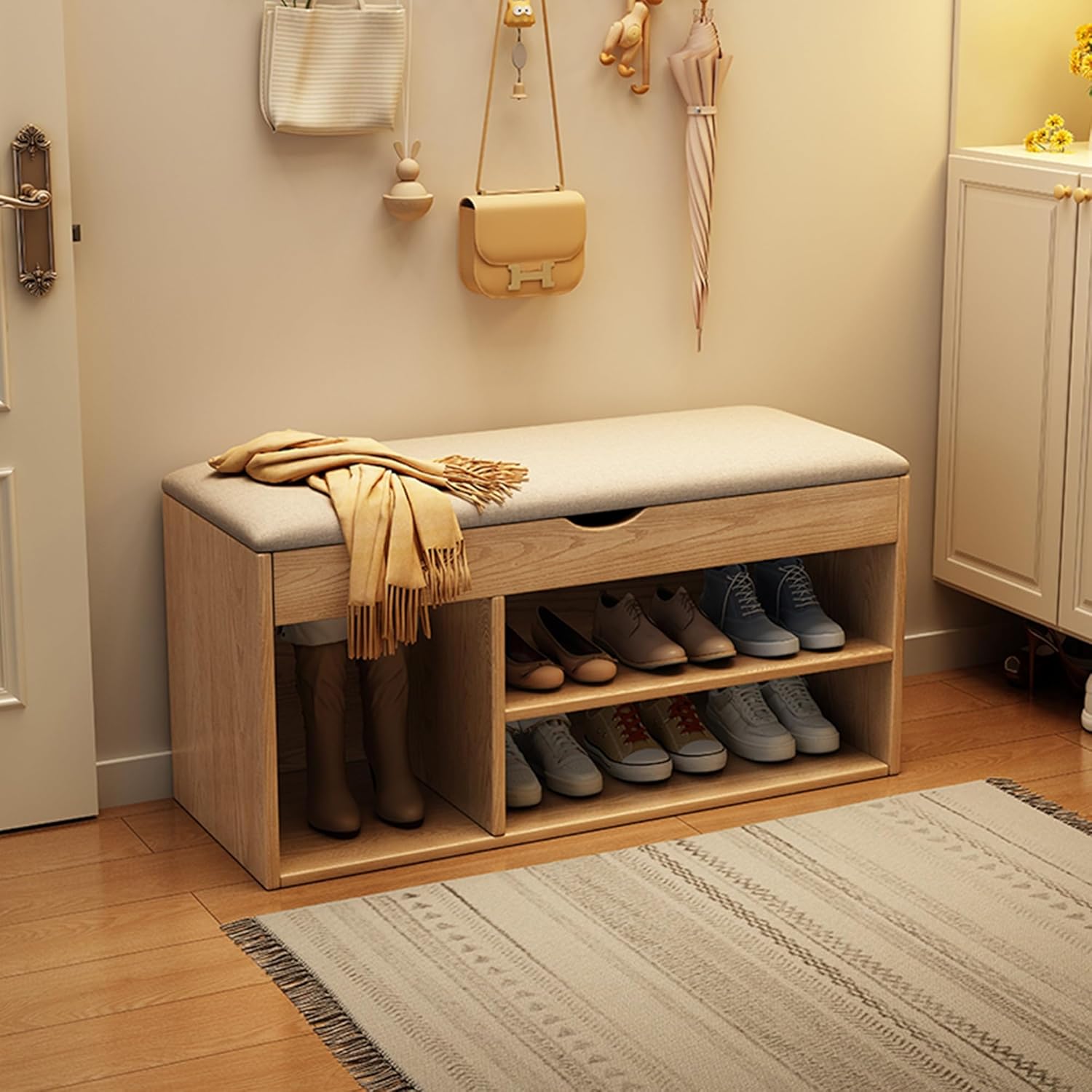 Shoe Storage Cabinet Cabinets Hallway Slim Cupboard Cupboards Hallways Slimline，Rubber Wood Shoe Bench with Storage Drawer Multi-Tier Entrywayfor Small Spaces Stylish Ottoman Cabinet for Clo