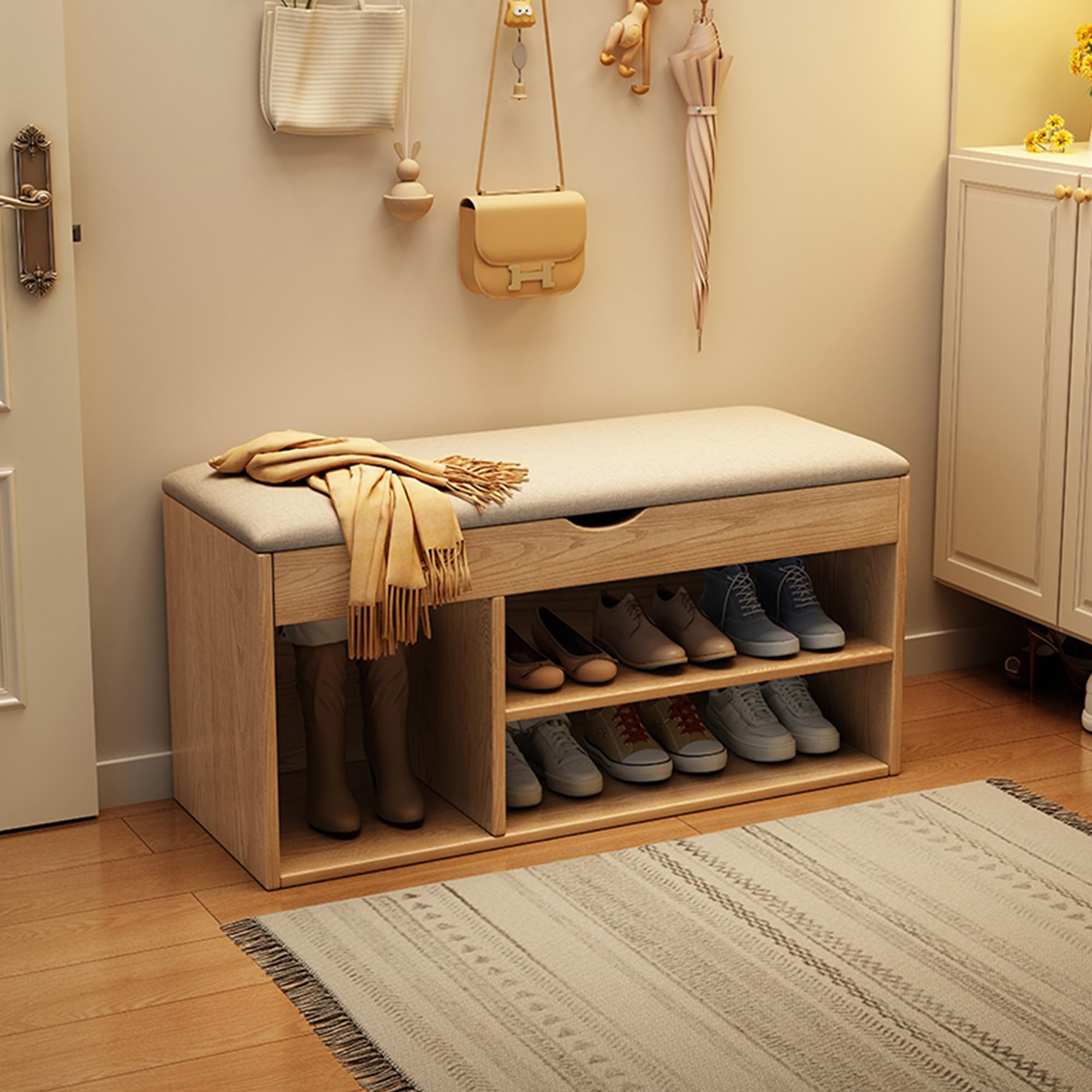 Aioneer Stylish Open Shoe Rack Cabinet - Entryway Ottoman Storage Bench With Drawers, Rubber Wood Full Floor-Standing Shelf With Soft Cushion, 31.5In For Front Door,Wood 31.5In-Wood-31.5in