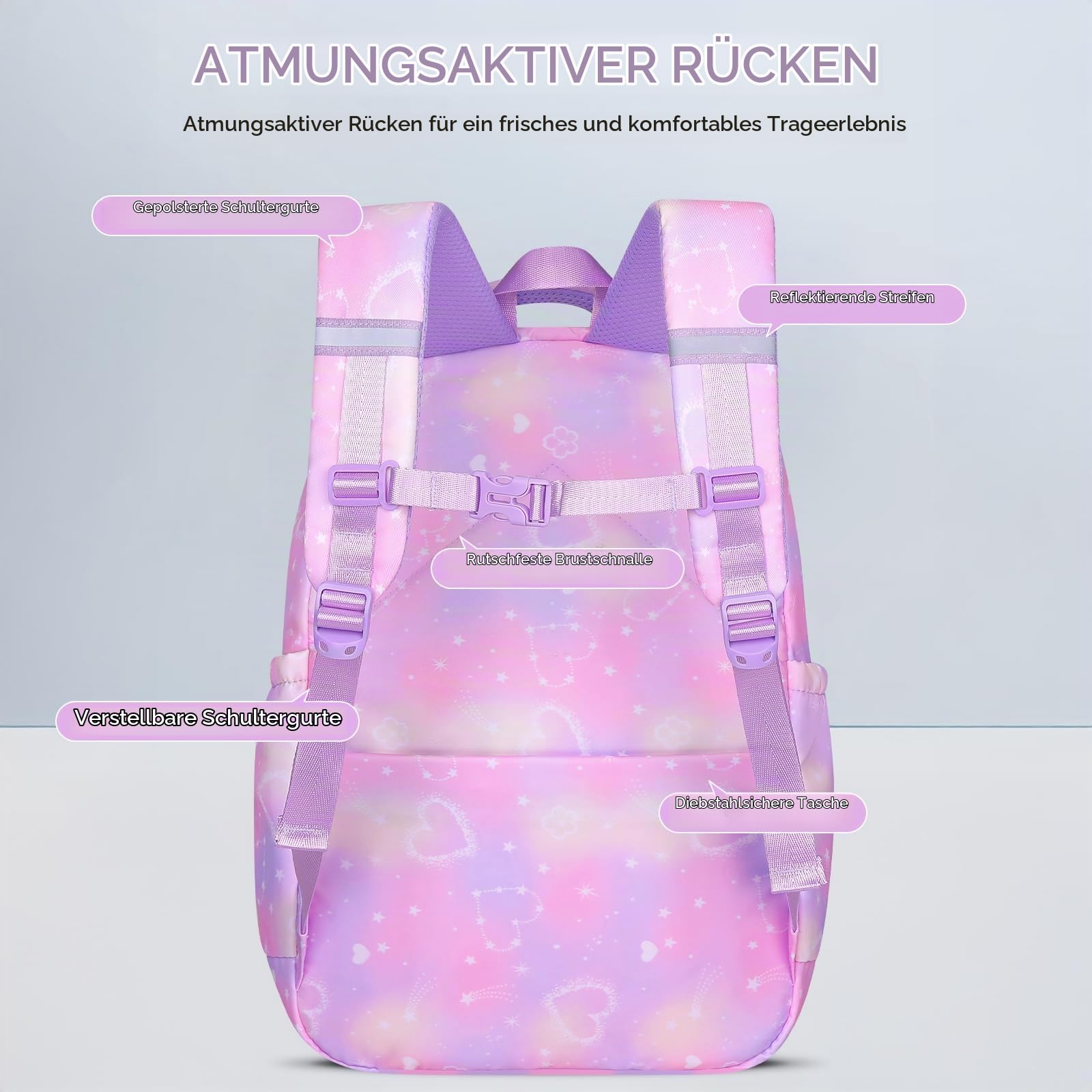 Amythe Set Schulrucksack Mädchen Teenager 3 Teilig fur Schule | Schulranzen mit Lunch Tasche Federmäppchen Gymnasium Oberstufe für Schule Reisen für 15.6" Laptop-Lila