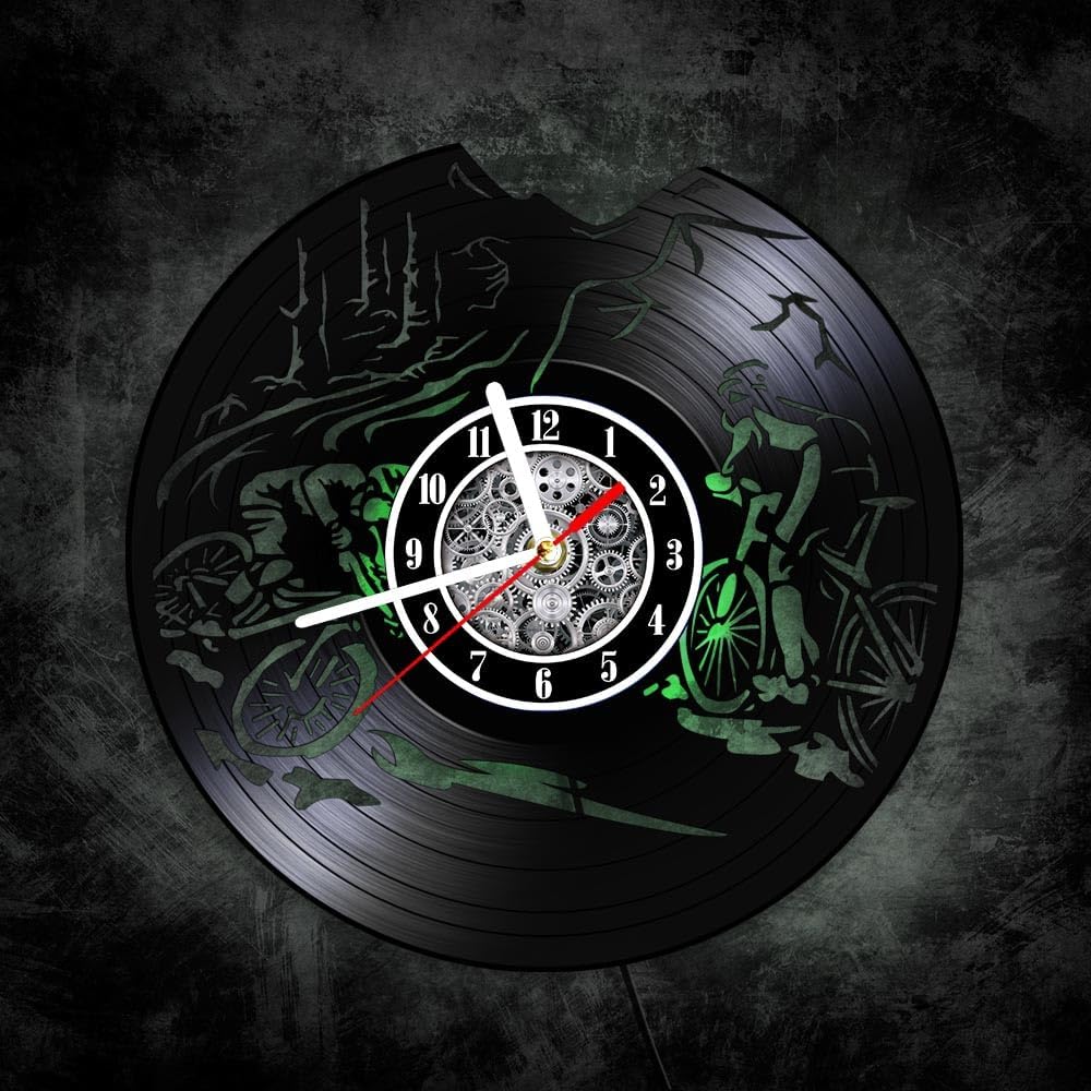 The Geeky Days Mountain Bike Vinyl Record Wall Clock with LED Light Mountain Biking Black Retro Art Home Decor Silent Non Ticking Laser Engraved Vinyl Record LED Lit Wall Clock Adventure Bicycle Gift