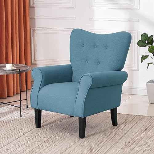 Miniatura 86 de YOLENY Silla con respaldo de ala de mediados de siglo, moderna silla de respaldo alto de tela tapizada con patas de madera, sofá individual tapizado