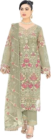 Indian Pakistani Muslim Wear Organza Fabric Emboridery Heavy Khali Work Suit 411b