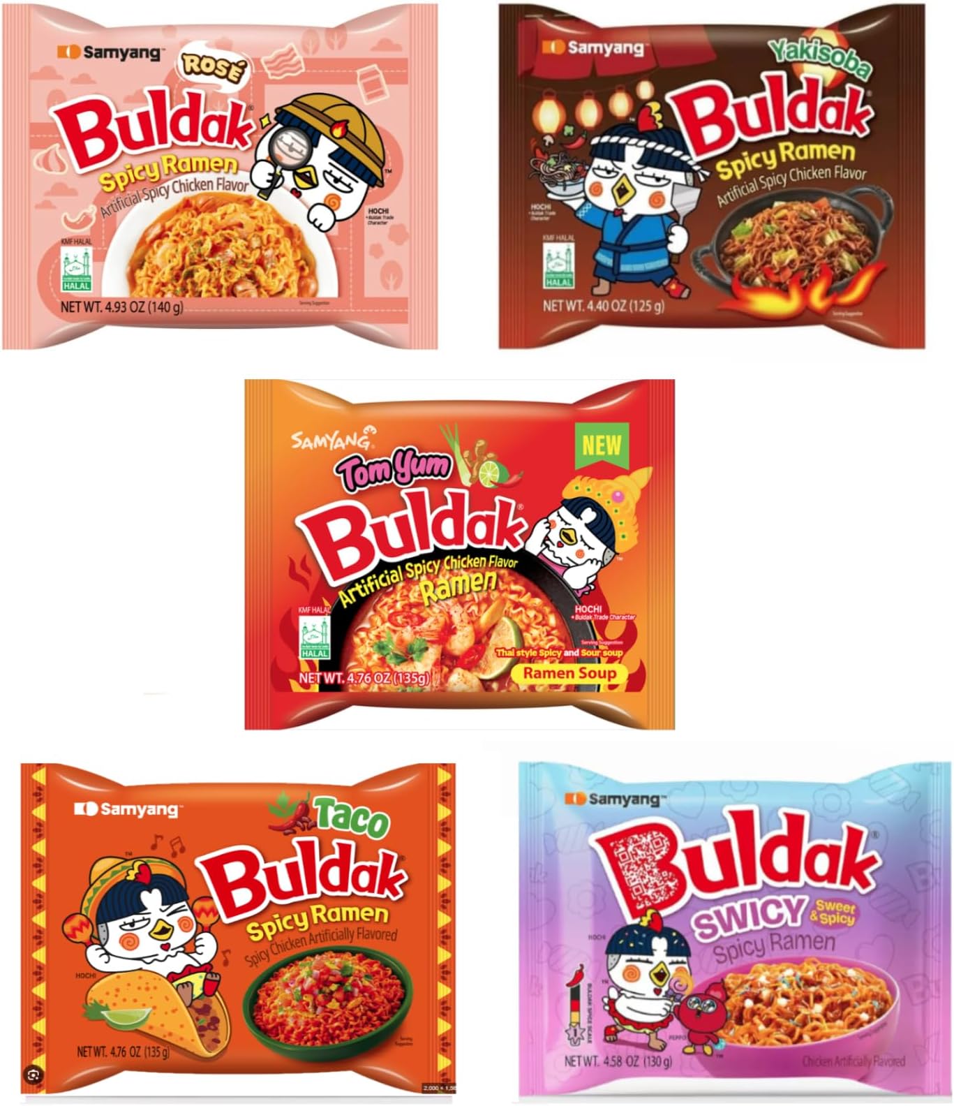 Buldak Chicken Stir Fried Ramen Korean Ramen (5 Flavor Combination, 5 Pack)