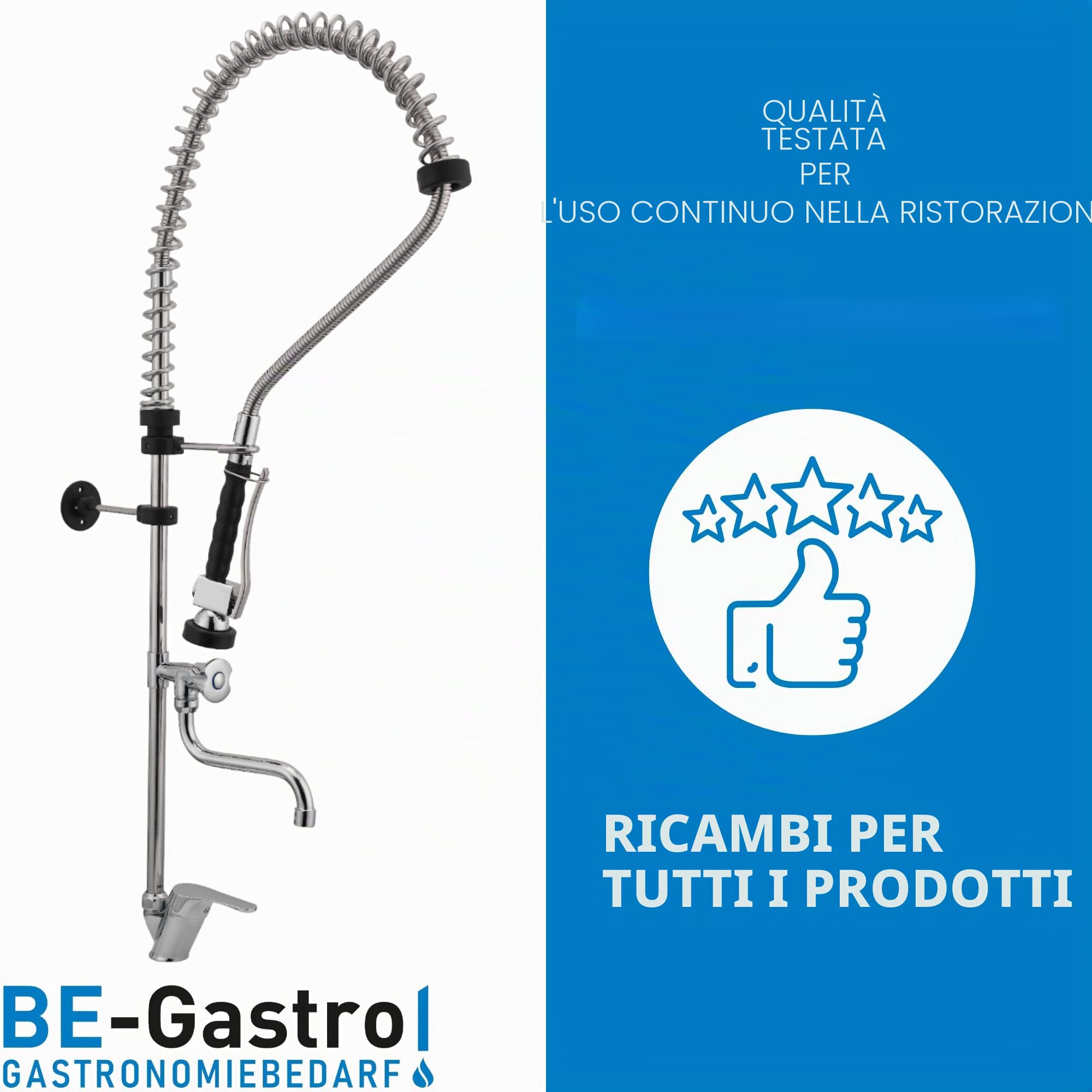 BE-GASTRO | Rubinetto professionale set di prelavaggio stoviglie per cucine di ristoranti Gruppo doccia con miscelatore monoforo, monocomando multigiro e Rubinetteria