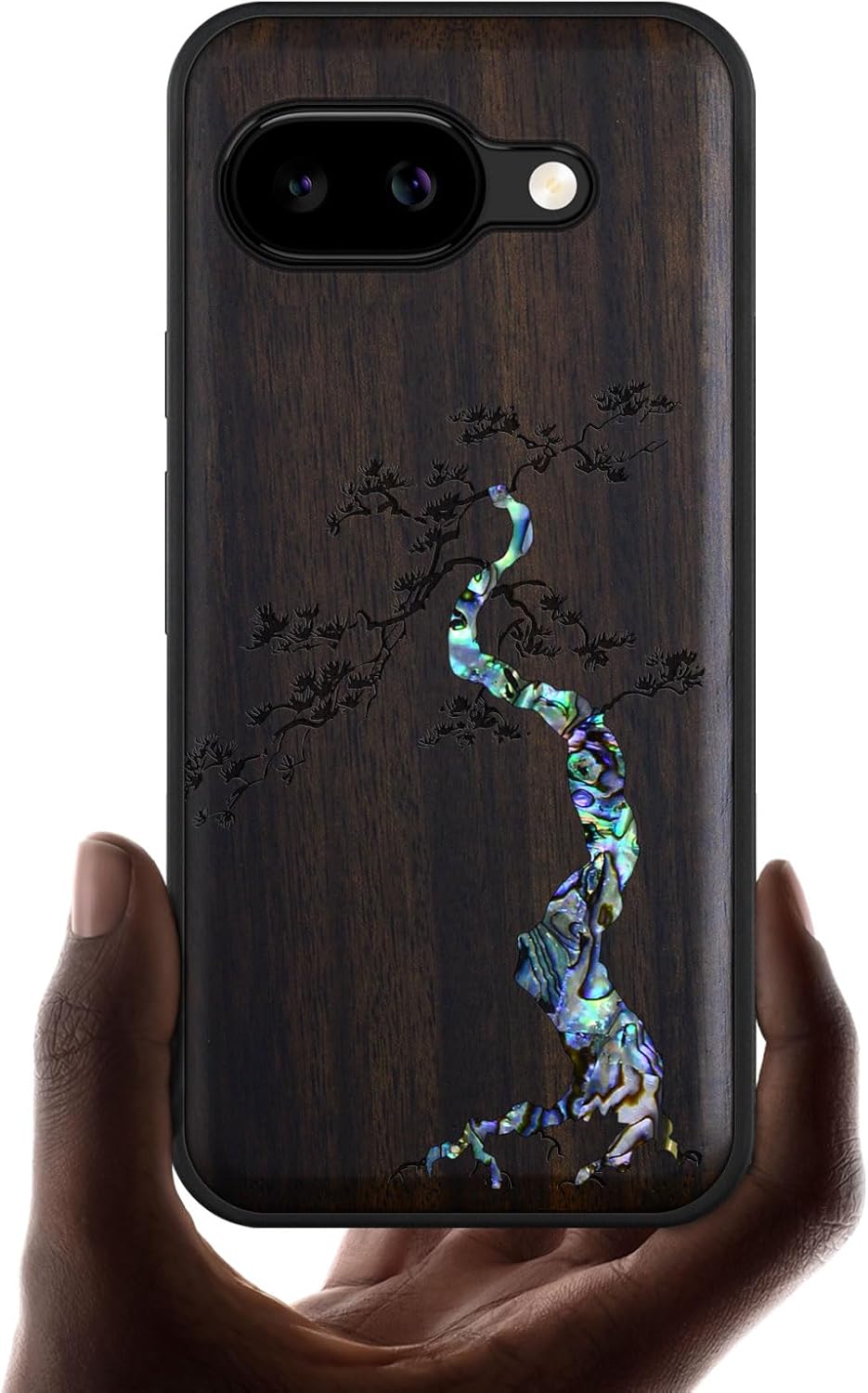 Carveit Magnetic Wooden Case for Google Pixel 9a Case, Wood Artisan Engraved & Handmade Shell Inlaid, Compatible with MagSafe Wireless Chargers (Majestic Pine Tree) Blackwood