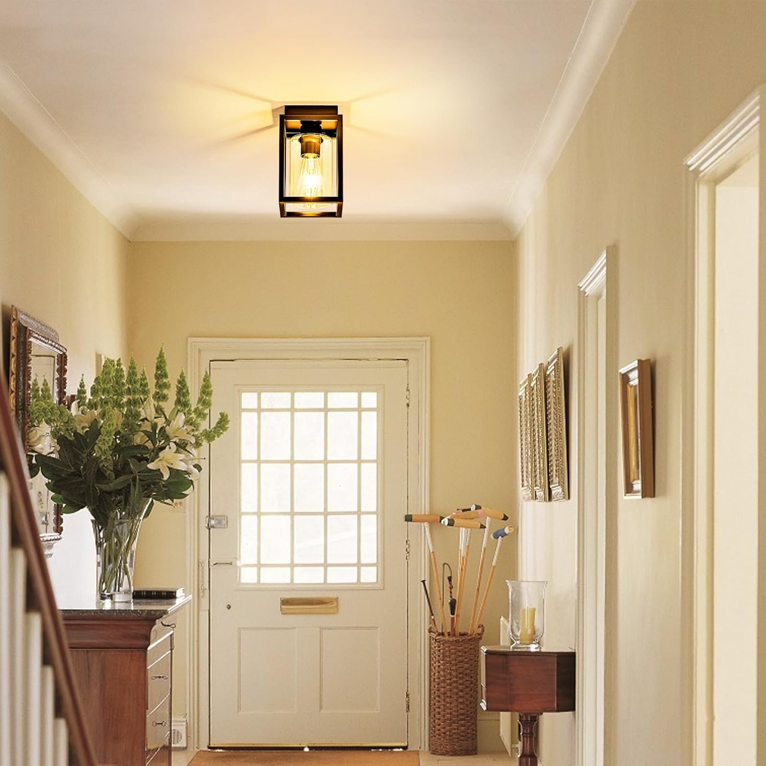 Mayful Flush Mount Ceiling Light Fixture with Clear Glass Shade, Farmhouse Black Metal Frame Light Fixture for Kitchen Island Entryway Porch Foyer Dining Room, E26 Ceramic Base