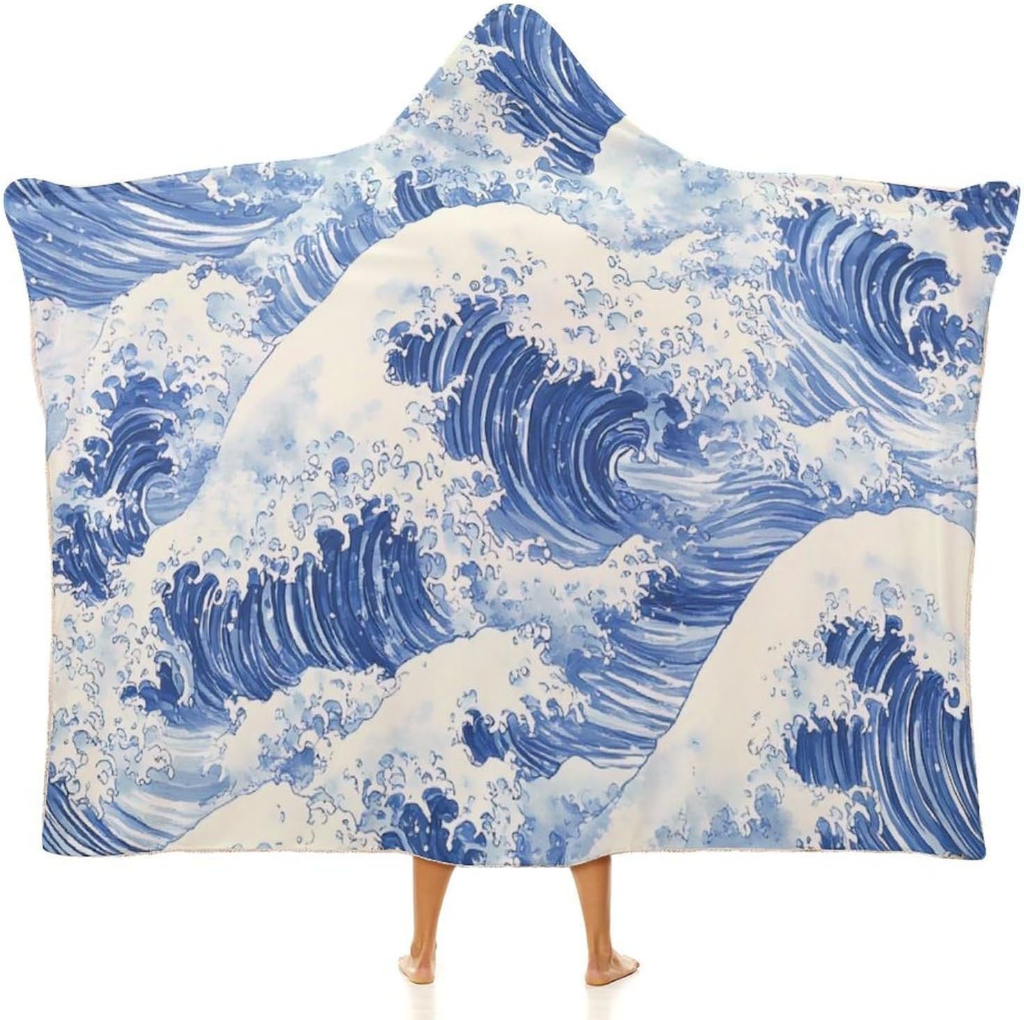 Japanese Ocean Waves Fashion Wearable Blanket Hoodie Fleece Throw Cloak Robe Unisex