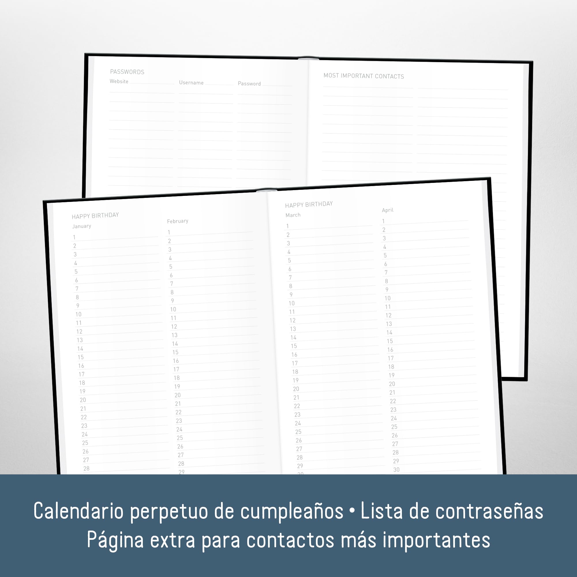 paper&you® Agenda A5 con índice A-Z [Black Edition] para contactos, cumpleaños y contraseñas - sostenible y respetuosa con el clima