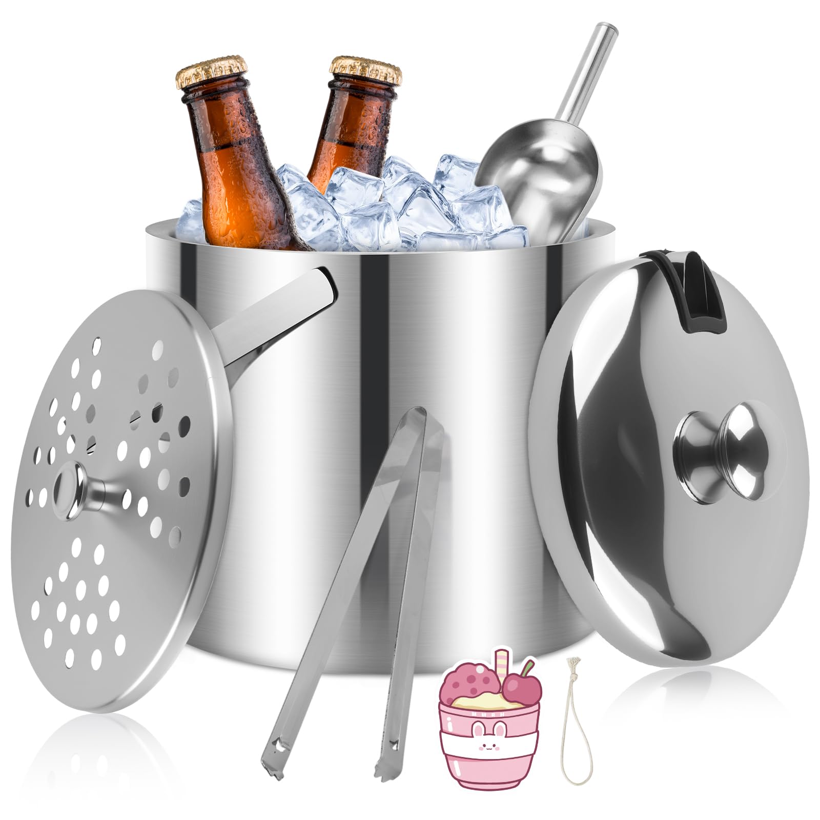 USHOP 3.2L Secchiello Ghiaccio in Acciaio Inox,Secchiello per Ghiaccio a Doppia Parete in Acciaio Inox con Manico Pinze Coperchio e Filtro,Ideale per Bar Domestici,Feste e Servizio Cocktail