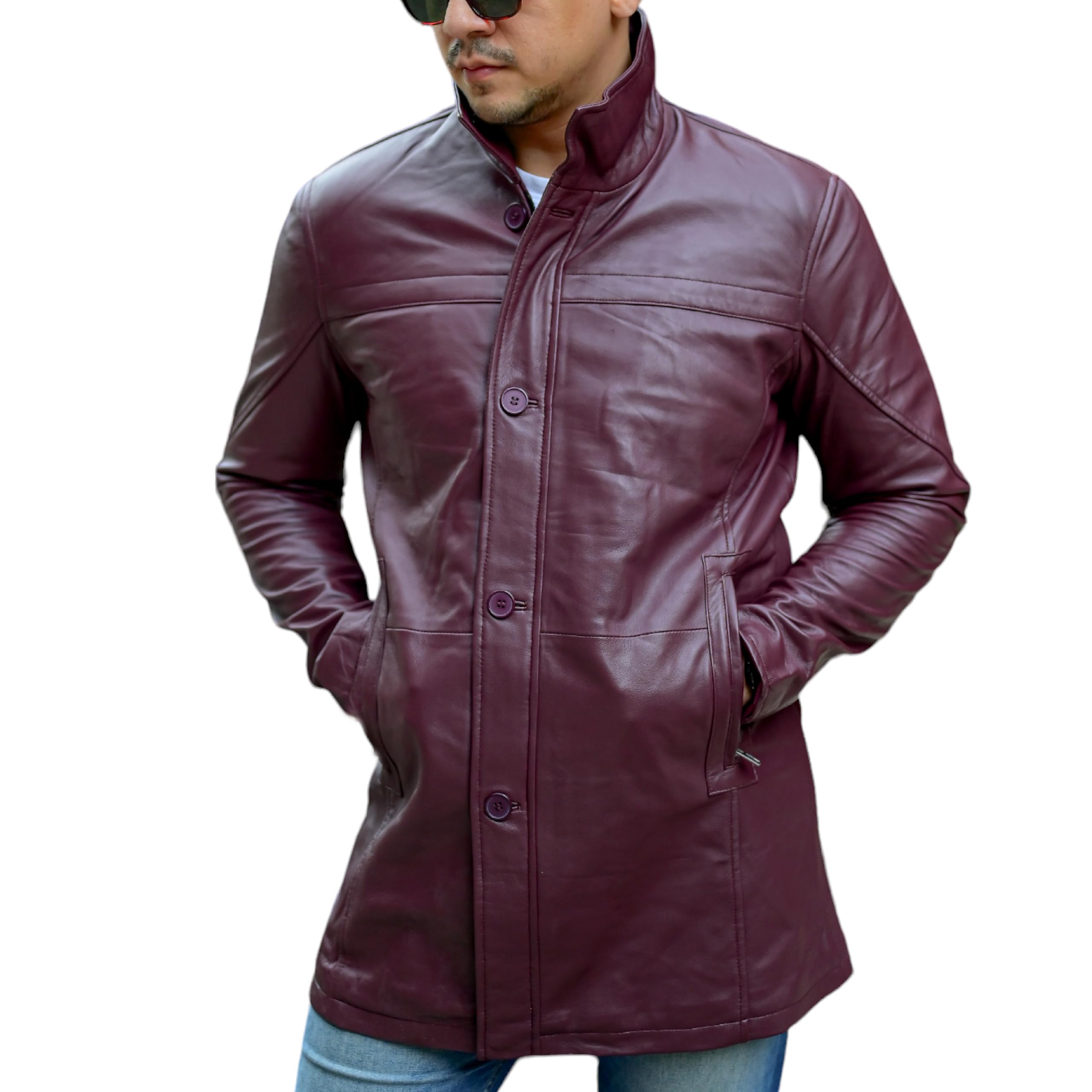 Jild Leather Trench Coat Men - 3/4 Length Casual Car Coat Style Lambskin Long Leather Jacket Men