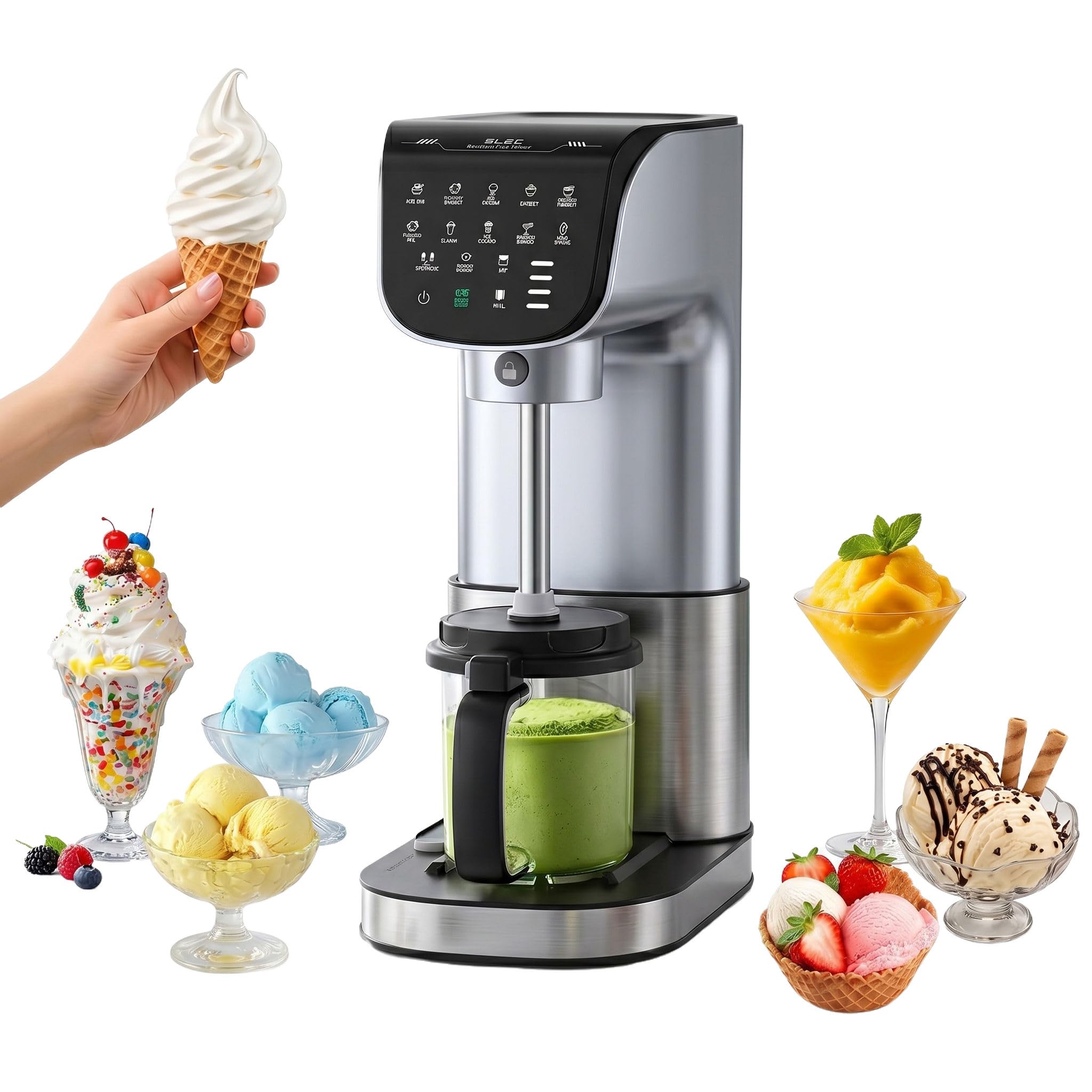 11-in-1 Eismaschine für Zuhause, vollautomatische Eiscreme Maschine mit 3 x 19 oz Bechern, für Gelato, Sorbet, Milchshake, Frozen Joghurt & Mix-ins, bürstenloser Moto Silber