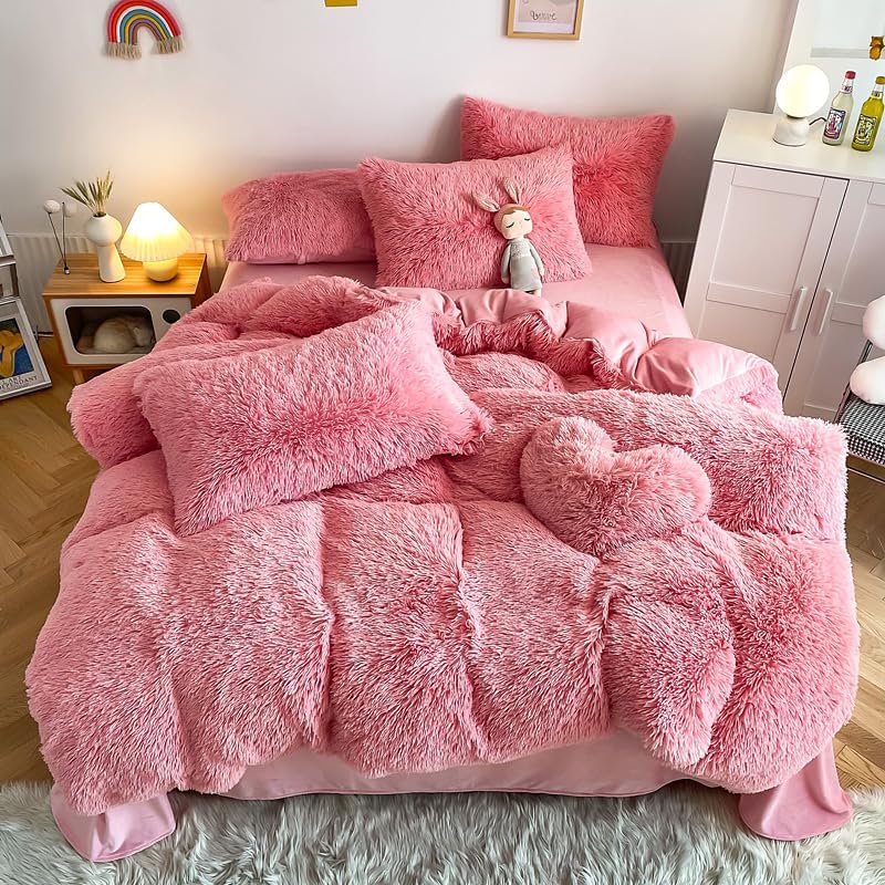 chovy Faux Fur Plush Dark Pink Comforter Cover Duvet Cover Twin/Full - 3PC Bed Set Ultra Soft Shaggy Flannel Velvet Fluffy Fuzzy Bedding（Duvet Cover x 1 Pillowcases x 2）