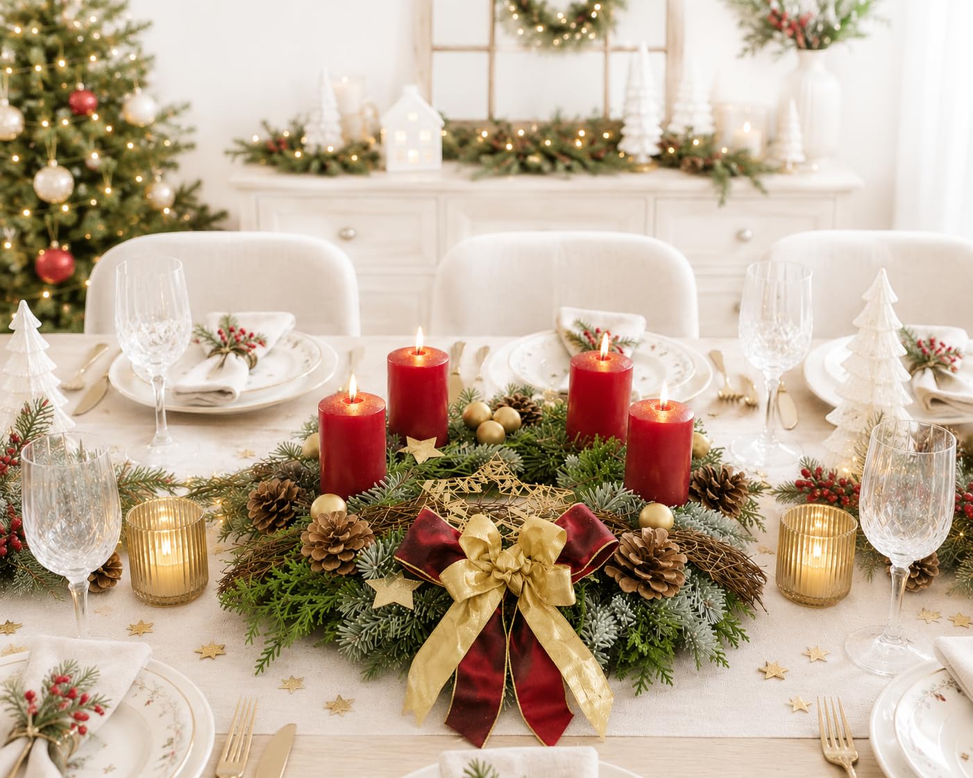 Adventskranz frisch Bordeauxrot Gold 35cm Weihnachten Advent Gesteck Nobilistanne Mischkranz C
