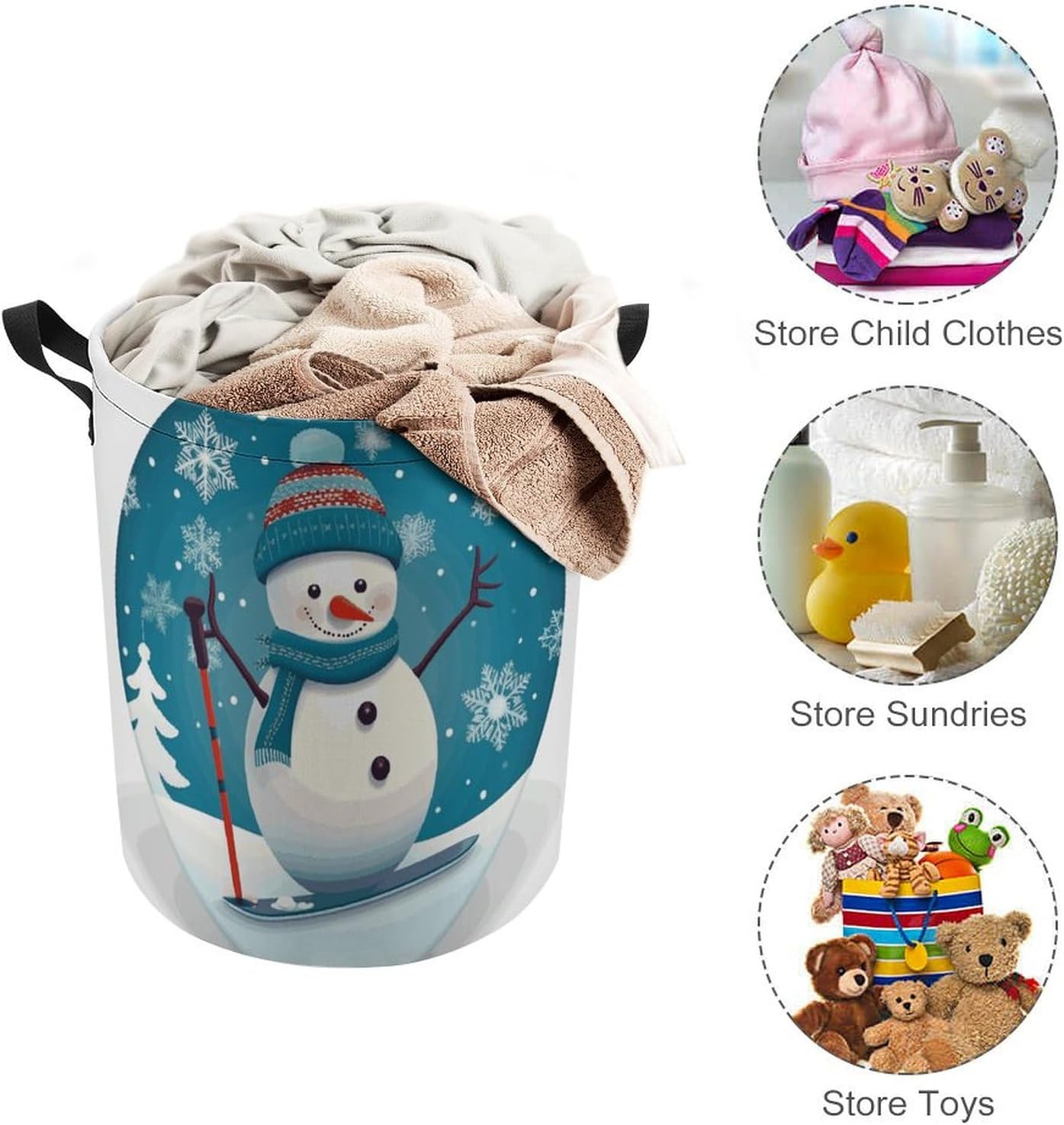 Lovely Christmas Cartoon Skiing Snowman Snowflake Laundry Basket with Lid Collapsible Waterproof Laundry Hamper Large Drawstring Clothes Hamper Storage Bin with Handles for Home Bathroom Bedroom Dorm