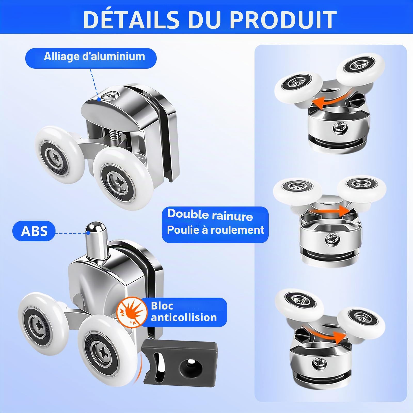 YOUNGSAY 8 PCS Roulette Porte Coulissante Douche 25mm, Silencieux et Durables Roulette Porte de Douche avec Blocs Anti-Collision et Vis pour Portes en Verre de 4 à 6mm (4 en Haut et 4 en Bas)