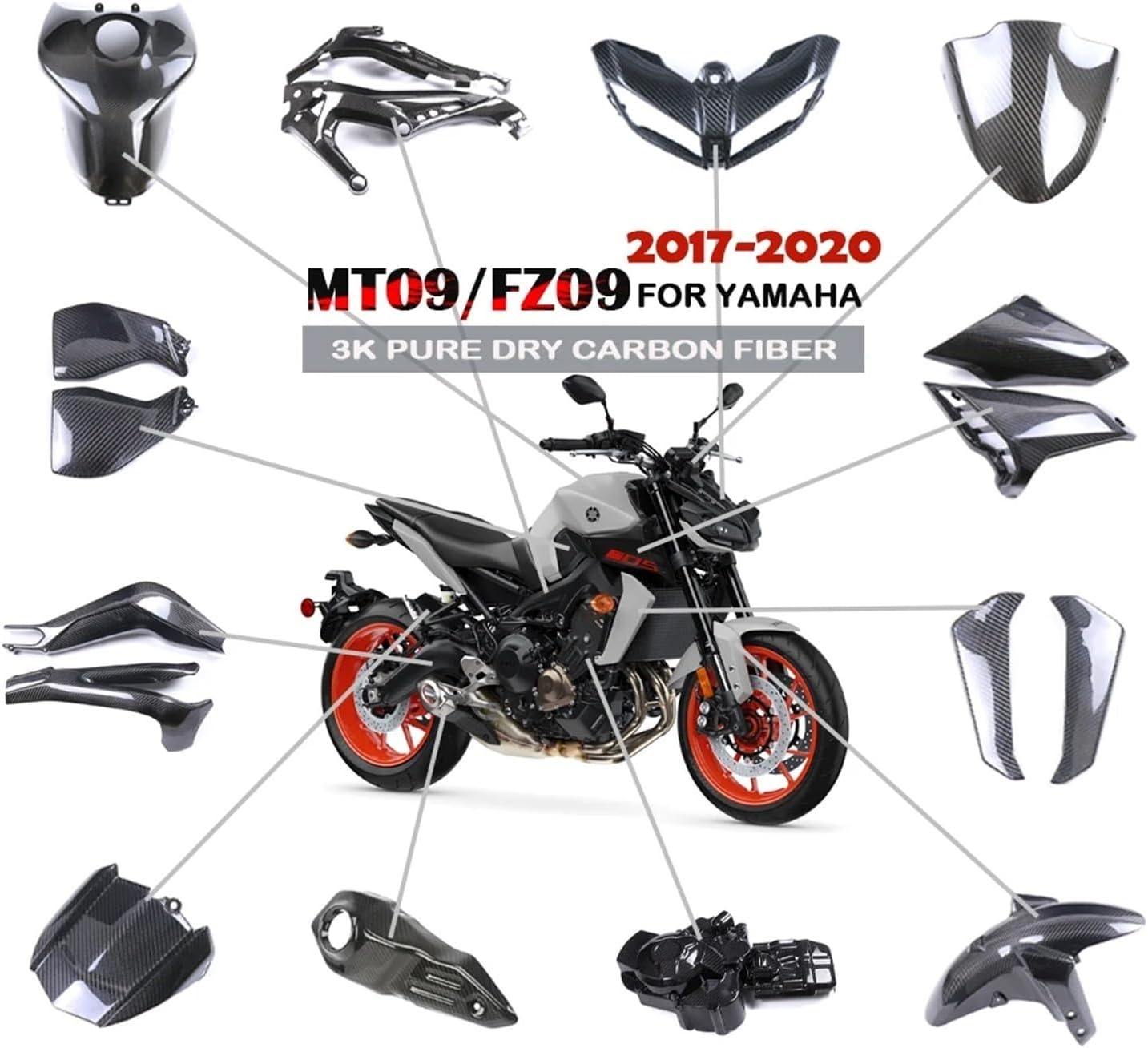 Motorcycle Accessories Side Panel Fairing Kit Fuel Tank Guard Dry Carbon Fiber For YAMAHA MT09 FZ09 2017 2018 2019 2020(Clear)