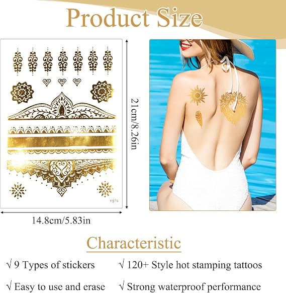 9 Sheets Gold Temporary Tattoos 110+ Designs Flash Metallic Golden Festival Butterfly Glitter Fake Tattoos Sticker Look Real Last Long Unique Lace Beach Body Party Decoration Women Adult Girl