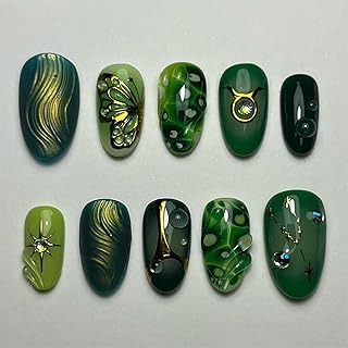 Green Press on Nails Medium Almond Fake Nails with 3D Rhinestones Butterfly Star Designs 24 Pcs Natural Reusable Acrylic Nail Full Cover Stick on Nail for Women WYFHDT