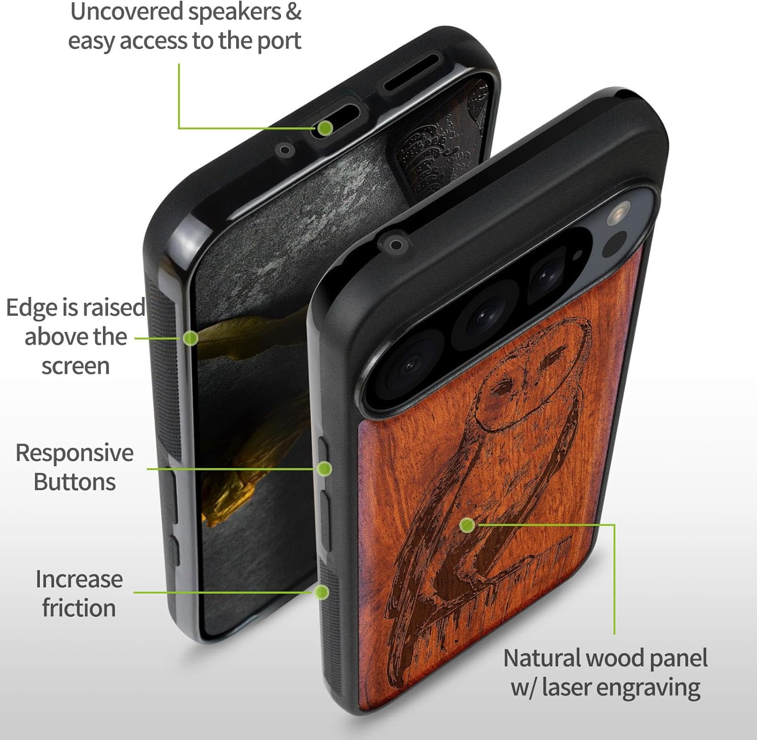Carveit Magnetic Wooden Case for Pixel 9 Pro Google 9 Pro Case, Wood Artisan Engraved & Soft TPU Shockproof Cover, Compatible with MagSafe Wireless Chargers (Barn owl) Rosy