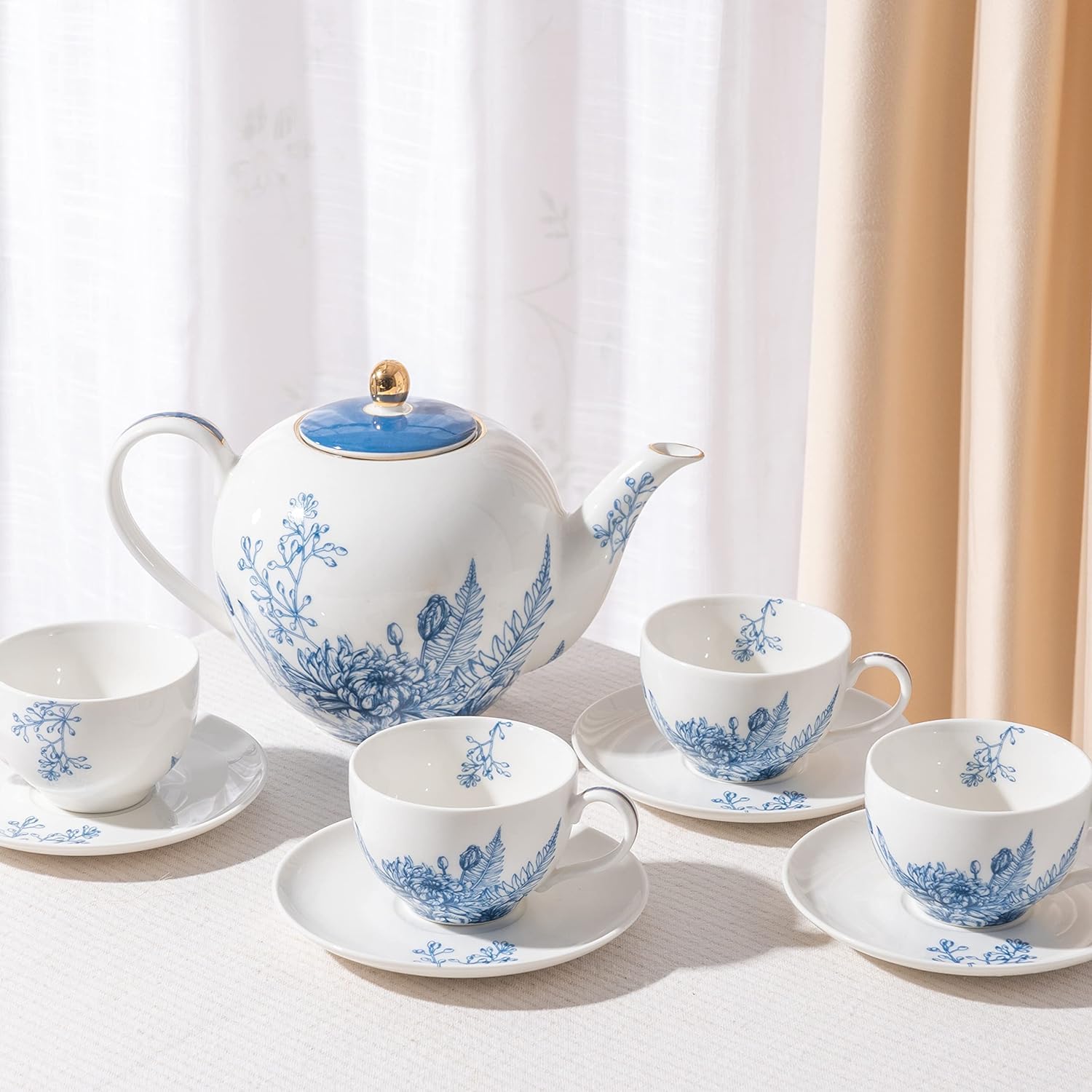 Tea Sets for Women Gift, Blue Porcelain Tea Set, 37 oz Large Teapot Set with Infuser,Tea Cups and Saucers for 4 in European Style, Tea Gift Sets for Holidays