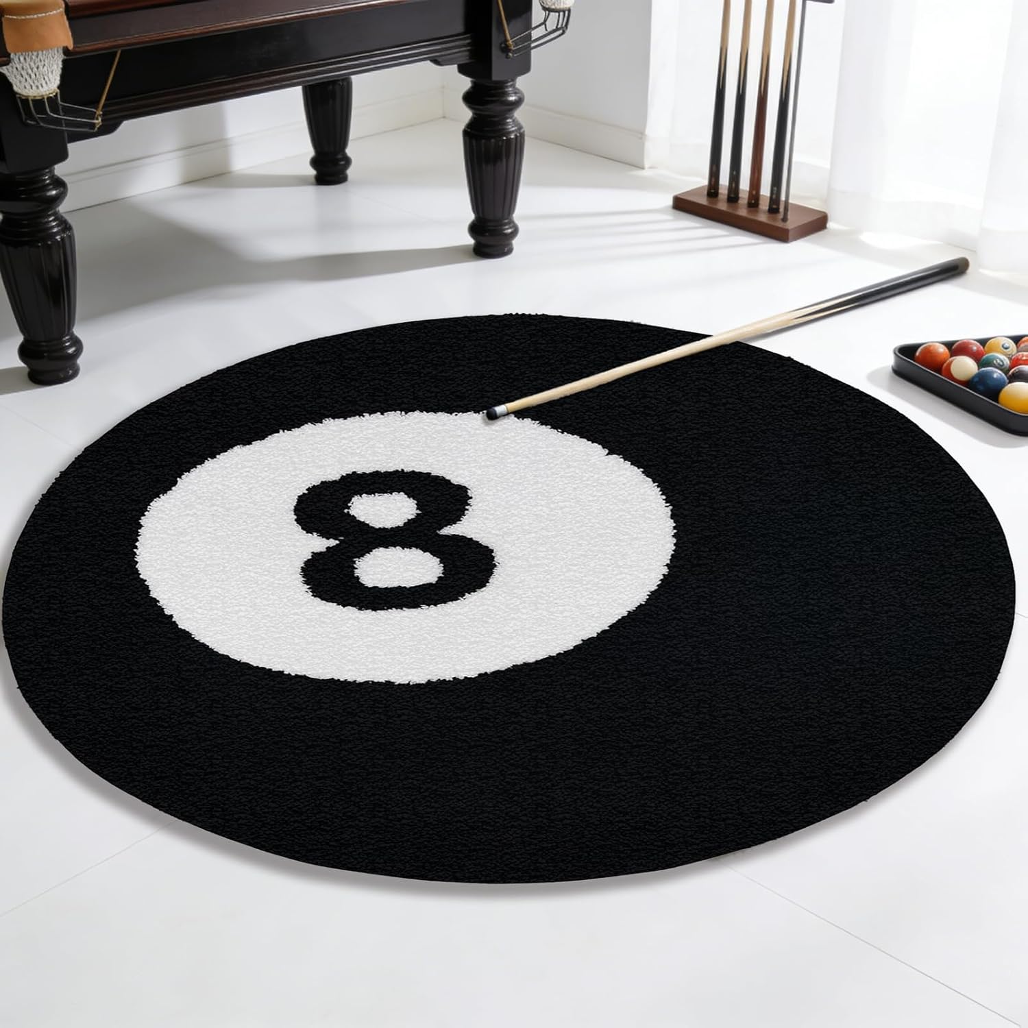 8 Ball Rug, 40 Inch Soft Black Billiard Tufted Round Carpet, Non-Slip Fluffy Tufted Modern Décor Rug for Kids' Room Playroom Living Room Bedroom Bathroom Game Room