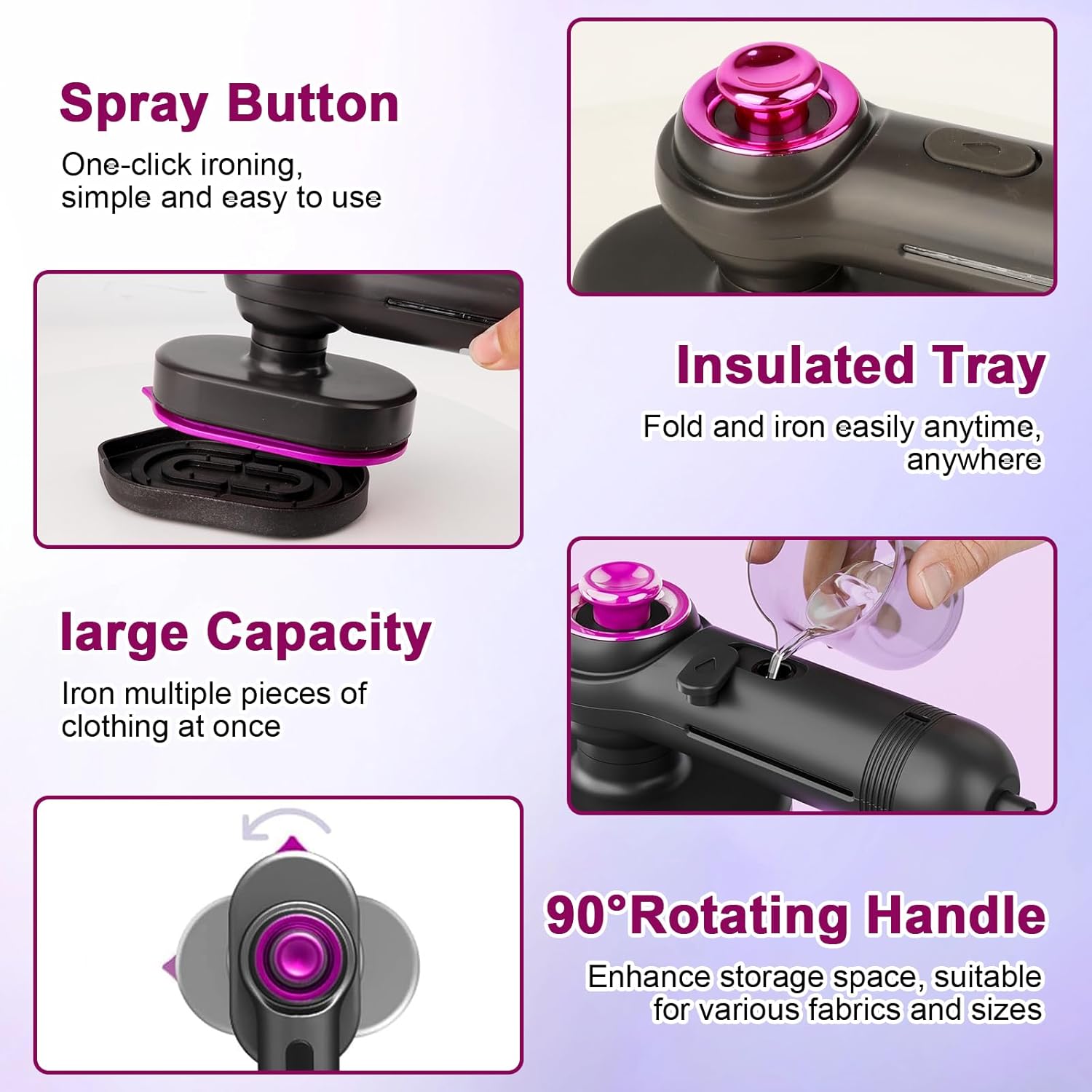 Ultra-Light 2-in-1 Mini Steam Iron, Portable Travel Steam Iron with 60ml Large Tank, 90° Rotatable Handle & Precision Tip for Collars, Handheld Clothes Steamer for Home, Office, Dorm
