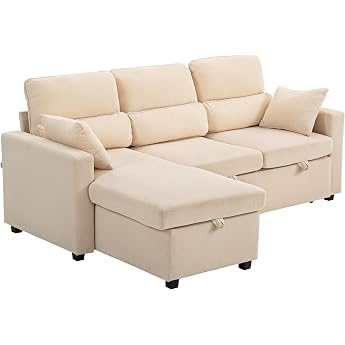 Homcom Corner Sofa with Sleep Function Sofa Bed with Bed Box Beige