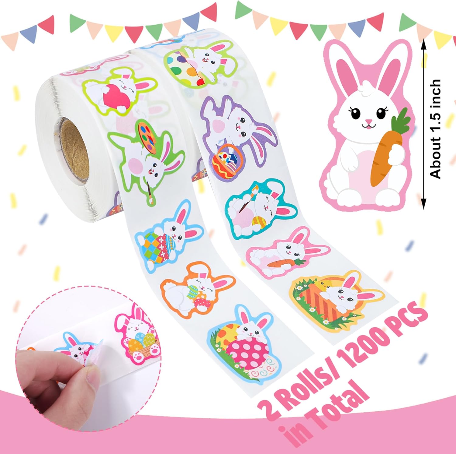 1200 PCS Easter Bunny Stickers Roll 12 Designs Easter Egg Rabbit Stickers Self-Adhesive Decorative Label Stickers for Envelopes Craft Card Gift Party Supplies, 2 Rolls