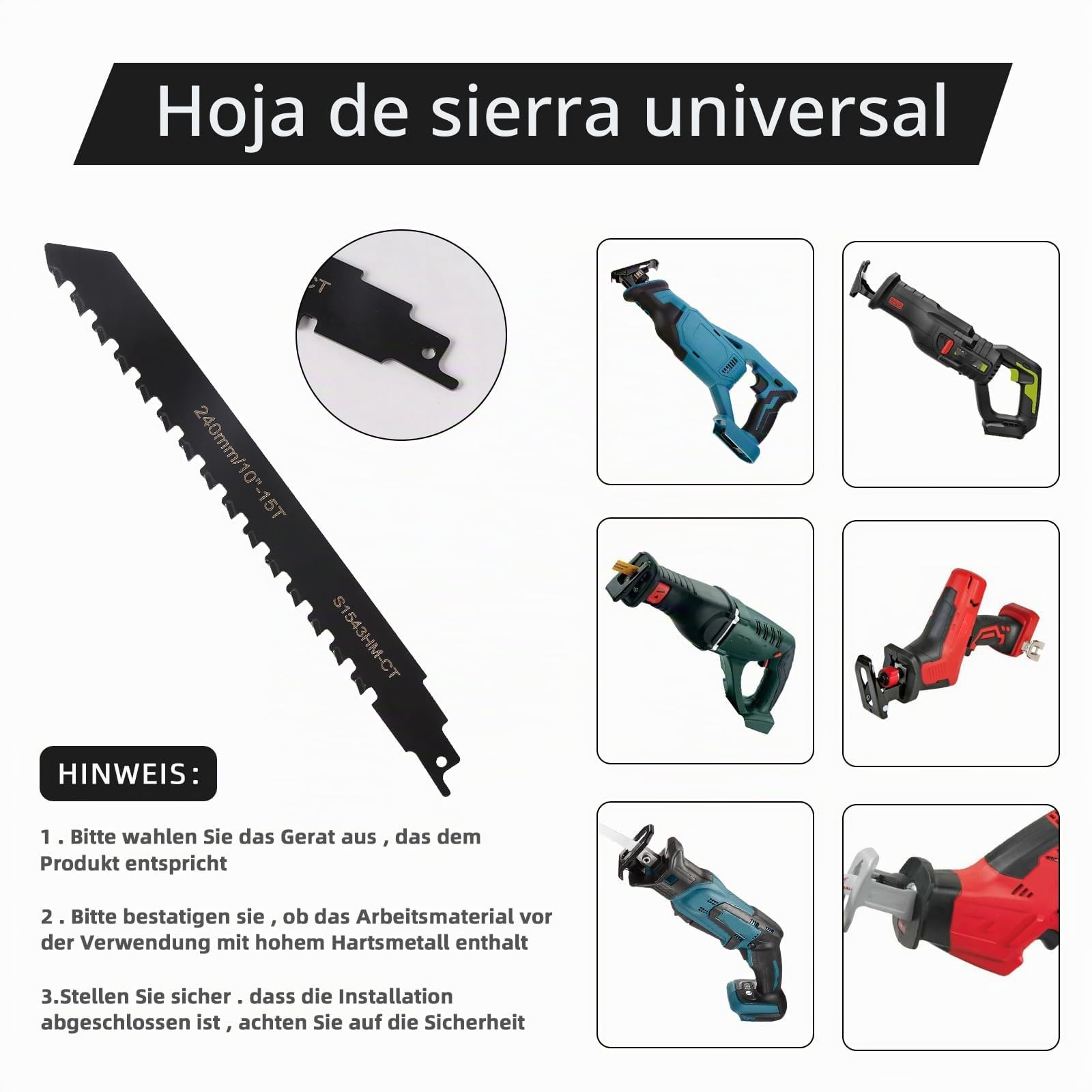 Hojas de Sierra Sable, Profesión Sierra De Sable, Accesorios Sierra sable, Hoja de Sierra Sable Universal para Metal, Madera, Hormigón Poroso,Ladrillo,Placa de Cemento (240 mm)