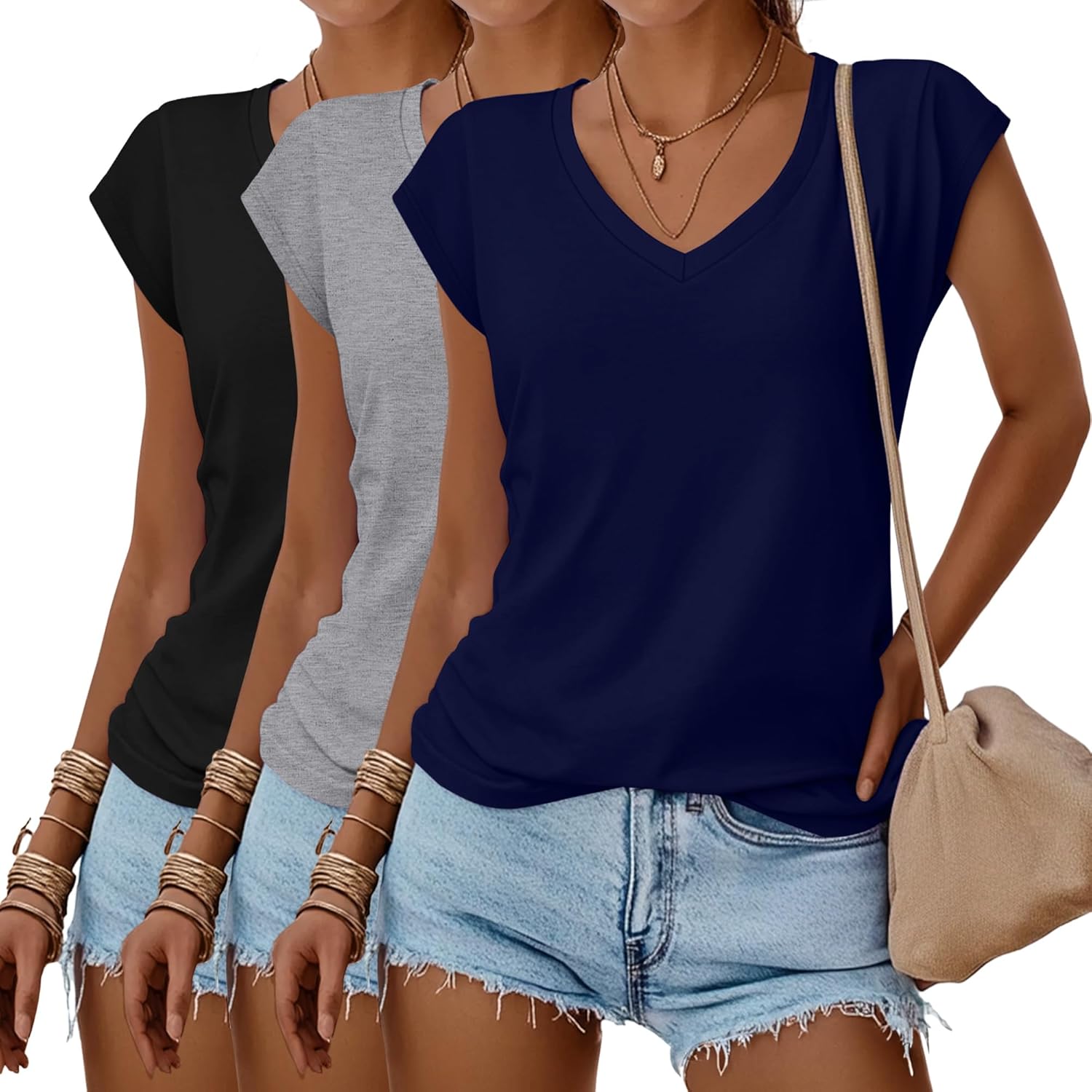 Huukeay 3 Pack Womens V Neck T Shirts, Cap Sleeve Summer Casual Tops Loose Fit Short Sleeve Tees 2025 Trendy Shirts