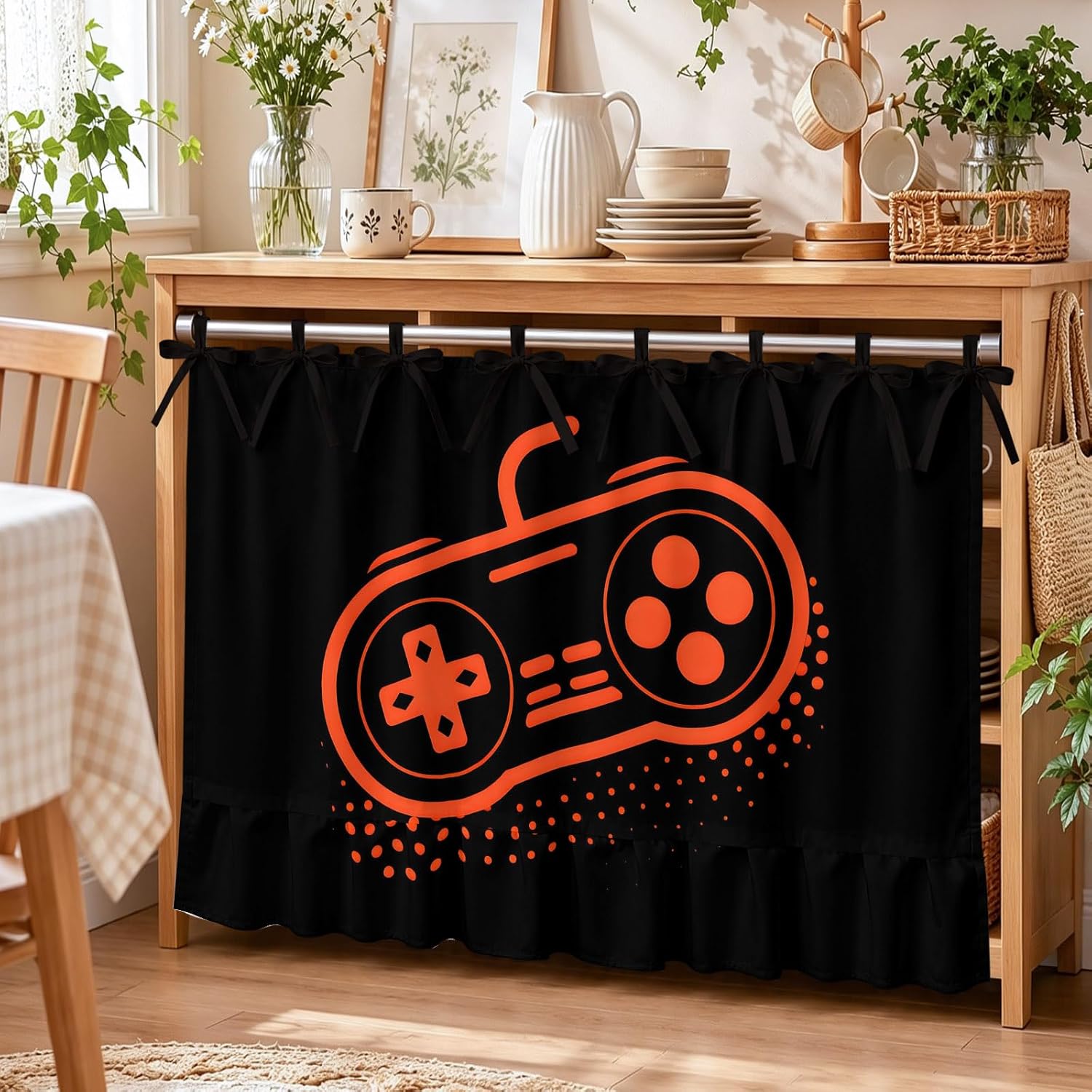 Orange Game Controller Oven Skirt for Farmhouse Kitchen Décor, Modern Art Gaming Handheld Black Oven Curtain Tie Top Decorative Stove Skirt, Cabinet Dish Washer Curtains with 8 Ribbon Ties 27"x20" image 3