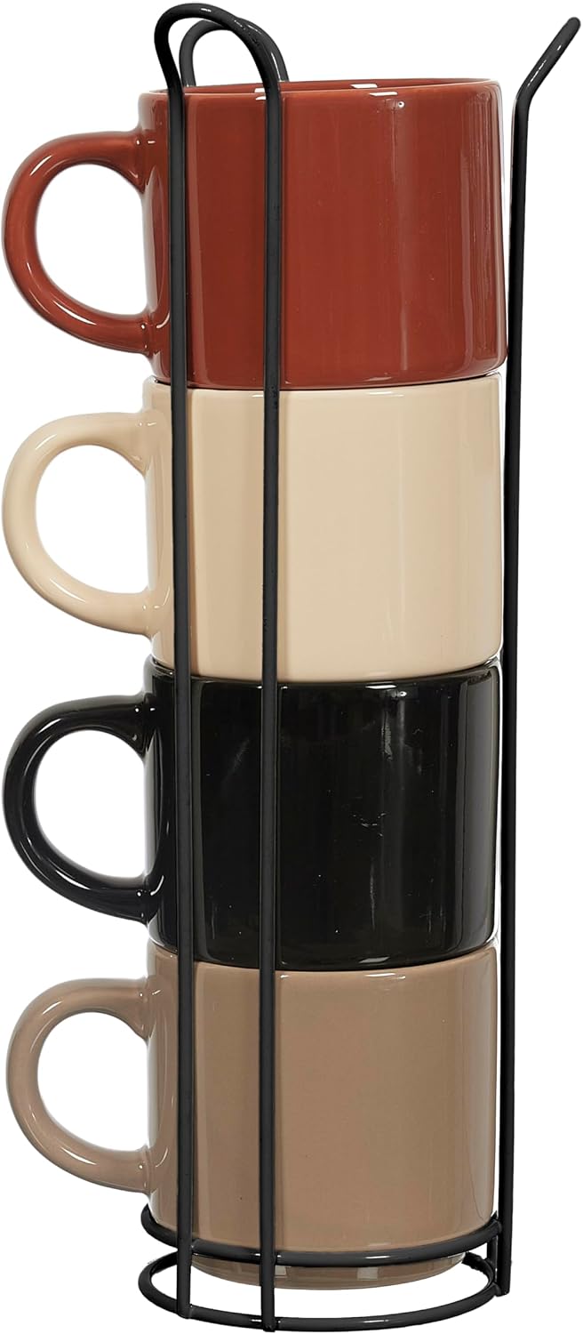 HOME DECO FACTORY - KA0500 Juego de 4 Tazas Lisas con Soporte, Cerámica, Diseño Elegante, para Café y Té, Colores Neutros, Tamaño Estándar, Beige, Marrón, Negro, Blanco