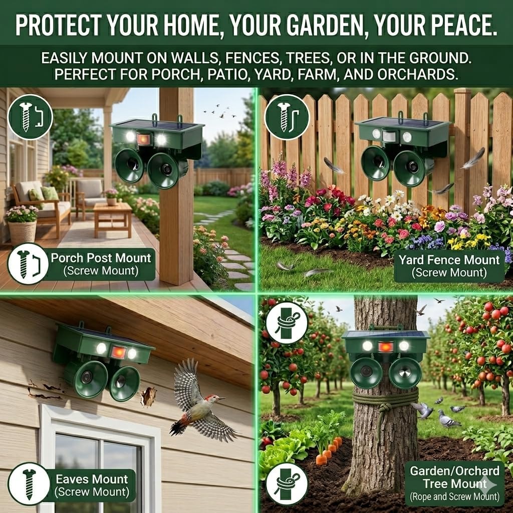 2026 Solar Ultrasonic Bird Repellent Devices Outdoor Woodpecker Deterrent for House Pigeon Goose Repellent with Motion-Sensor&Flash Light,IP65 Waterproof Bird Scare Devices for Balcony Porch Patio