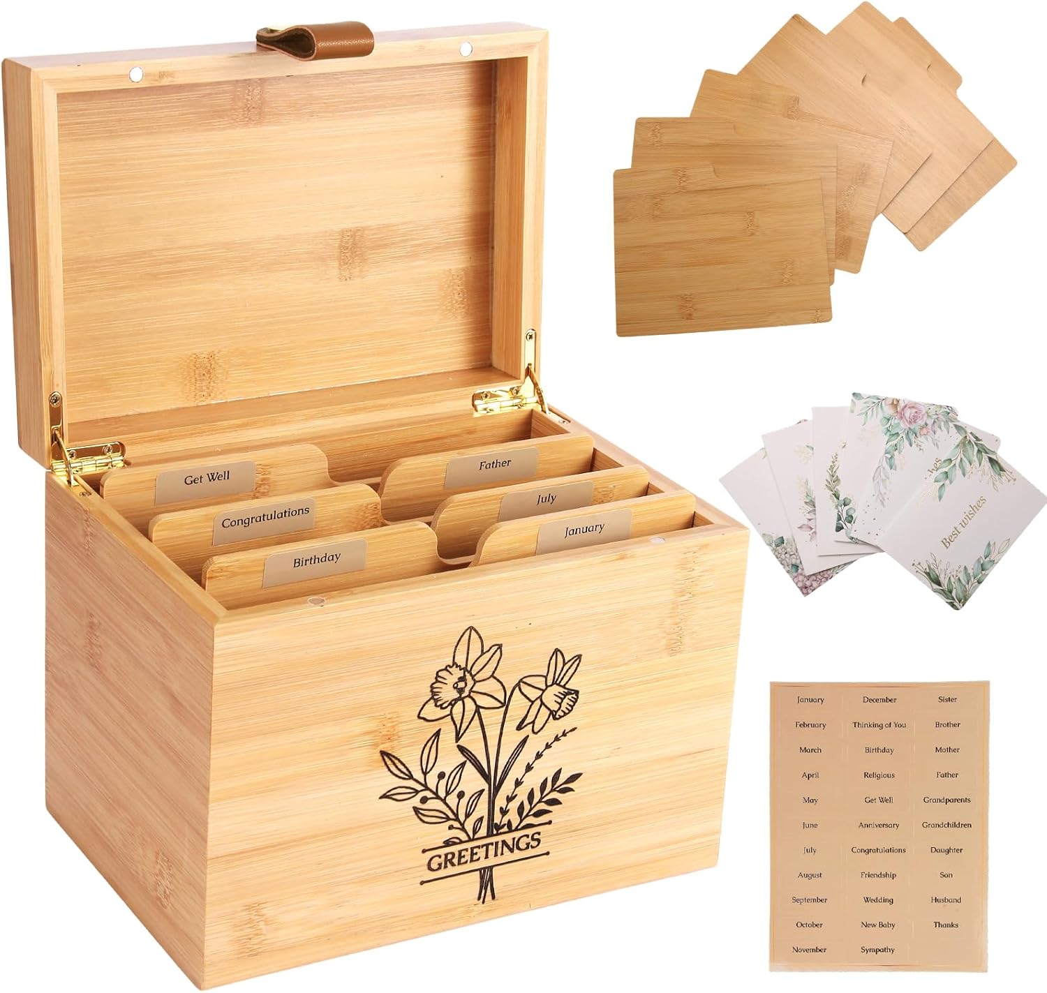 Large Bamboo Greeting Card Organizer Box with 6 Removable Dividers, Real Leather Handle, 100% Handmade Solid Bamboo, Storage Box for Christmas, Valentine, & Birthday Cards, Postcards, Stationery