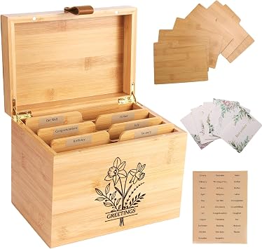 Large Bamboo Greeting Card Organizer Box with 6 Removable Dividers, Real Leather Handle, 100% Handmade Solid Bamboo, Storage Box for Christmas, Valentine, Birthday Cards, Postcards, Stationery