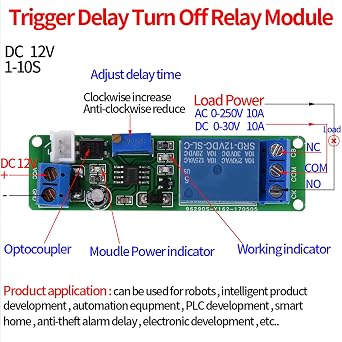 DC 12V Timer Relay Delay On, 1-10sec 10A Timer Relay Module with Trigger Button Switch, Delay Turn Off Module for Robots, Smart Home, Electronic Development, 2.66x0.75in