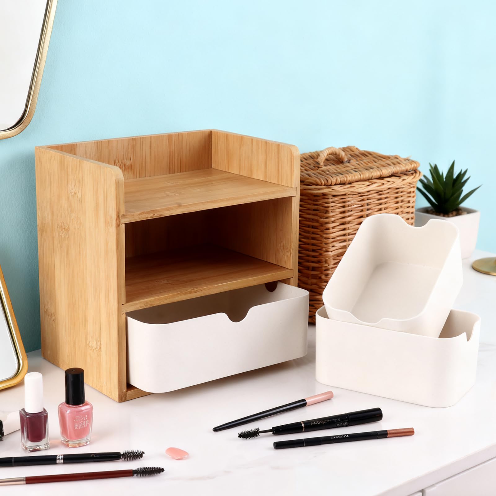 Aufbewahrungsbox mit Schubladen, Holz und Bambus, Schreibtisch Organizer, Make-Up Organizer Holz mit 3 Schubladen für Büro Zuhause Schule, Weiß