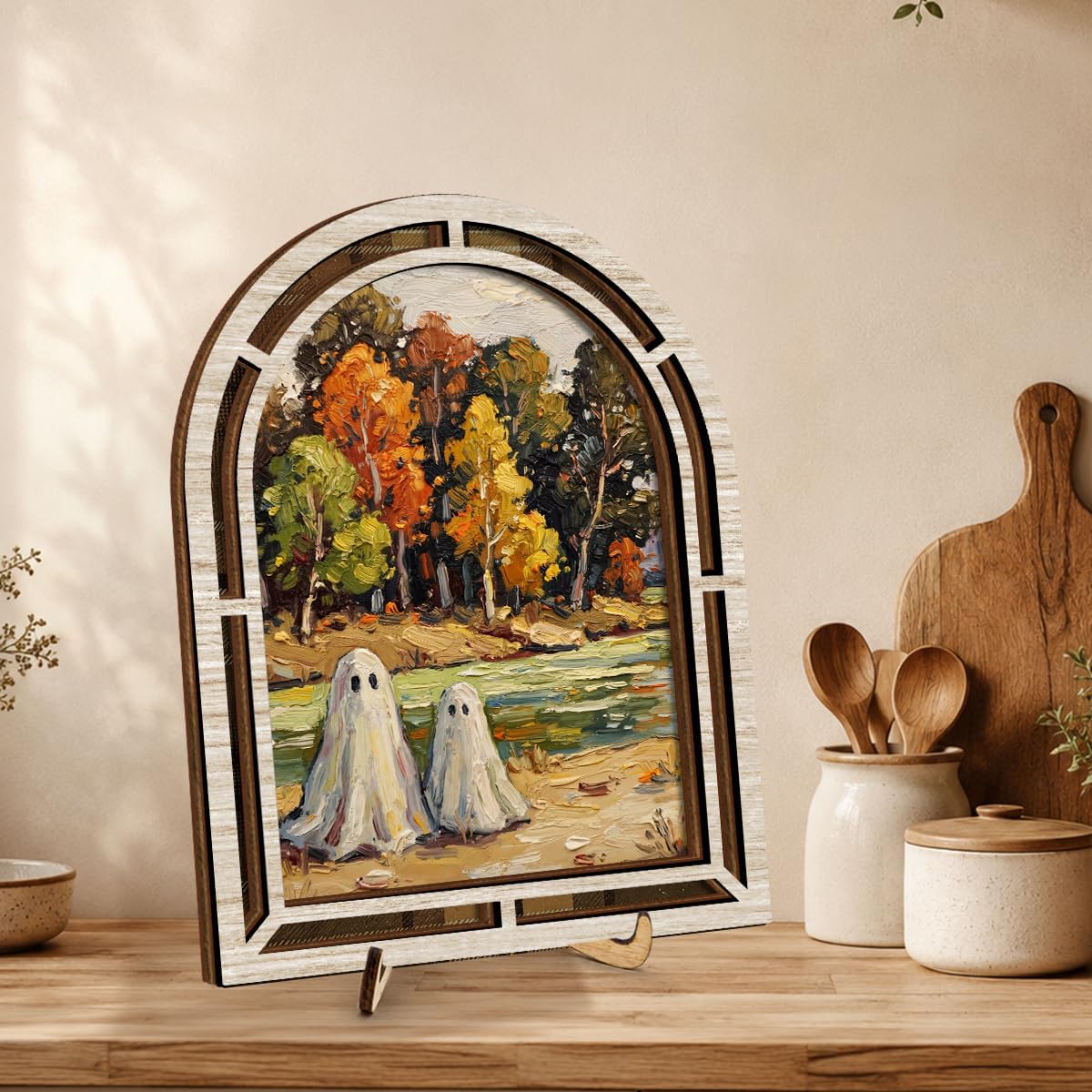 Halloween Two Ghosts Autumn Lake Shore Retro Wooden Wall Decor Sign image 5