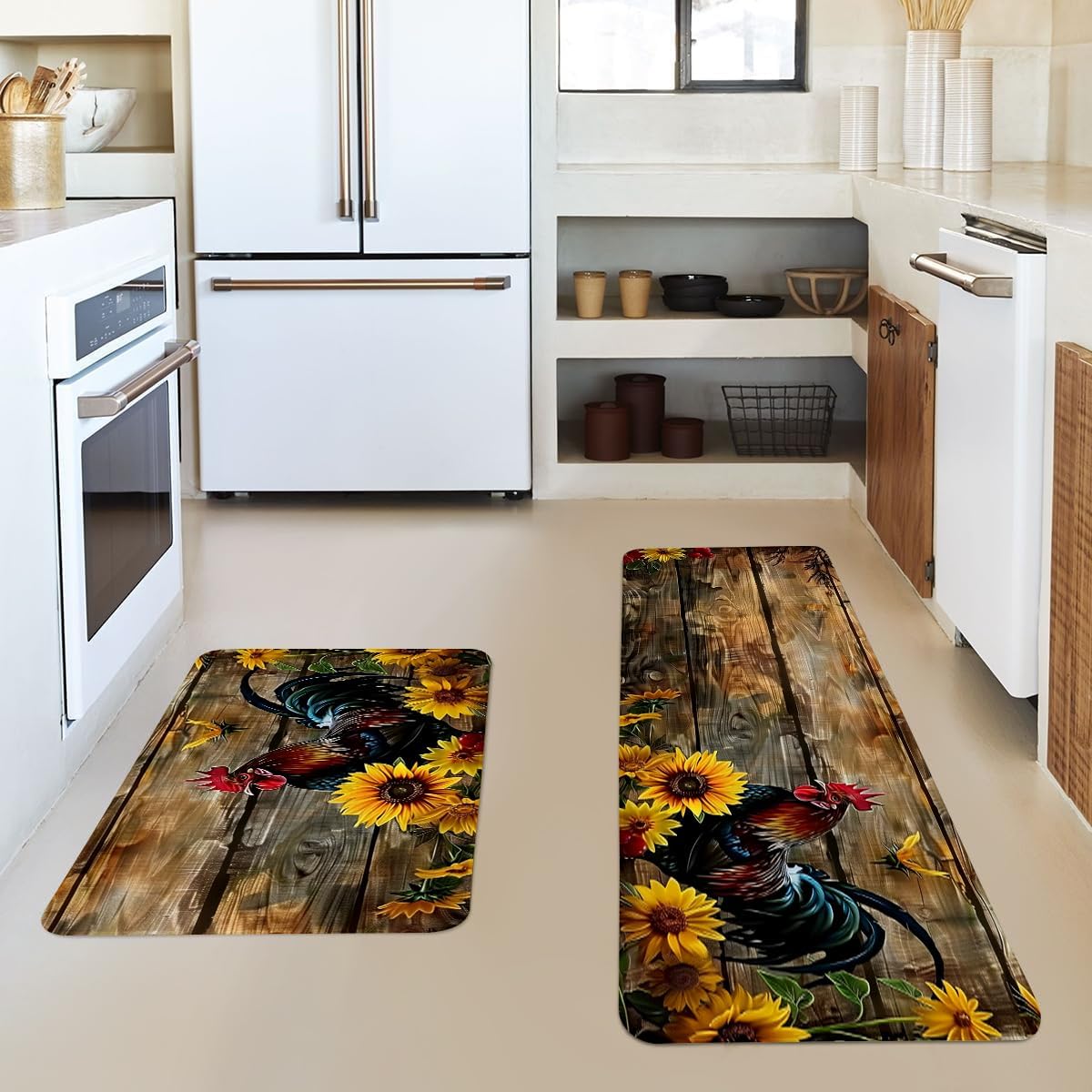 Rooster Kitchen Rugs Set of 2, Country Farmhouse Style Sunflower Kitchen Mats with Rubber Backing Non Skid Washable, Chicken Kitchen Decorations (17" x 29 + 17" x 47")
