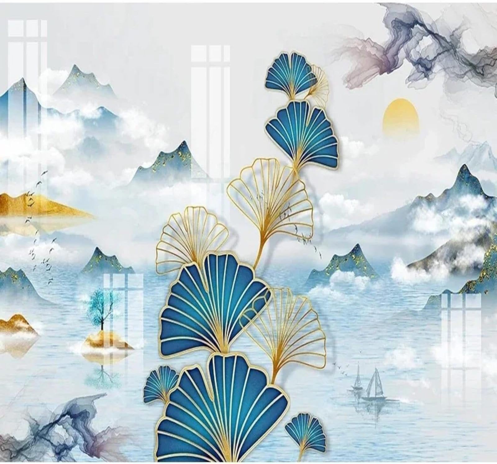 XLMING Papel Pintado 3D Creativo Azul Tinta China Paisaje Hoja De Ginkgo
